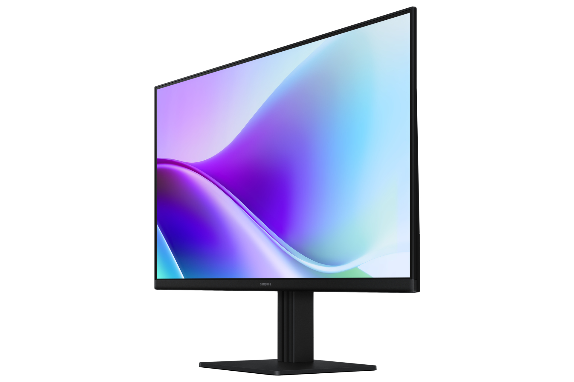 Een zwarte computermonitor toont een kleurrijk, abstract ontwerp. Het heeft een standaard en staat tegen een witte achtergrond.