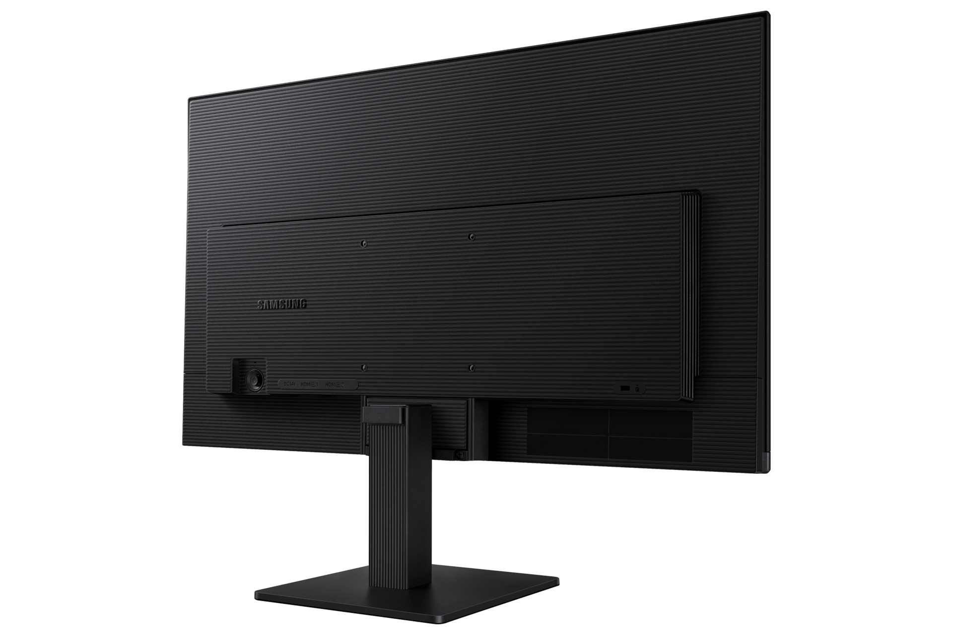 Achteraanzicht van een zwarte Samsung monitor. Het heeft een standaard en zichtbare poorten. Het scherm is groot en rechthoekig.
