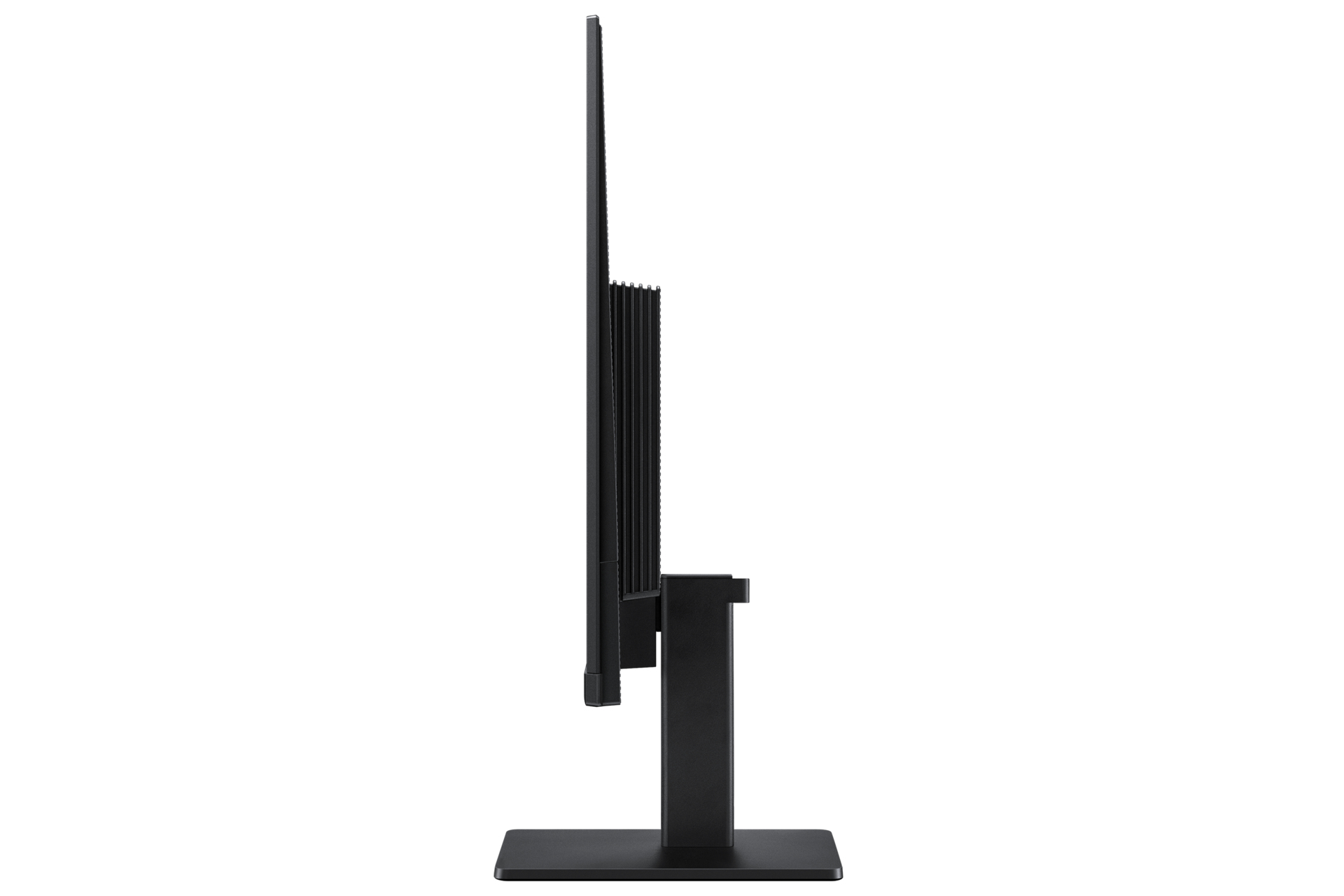 Een zwarte computermonitor van opzij wordt weergegeven, hij staat op een zwarte standaard en de achtergrond is wit.