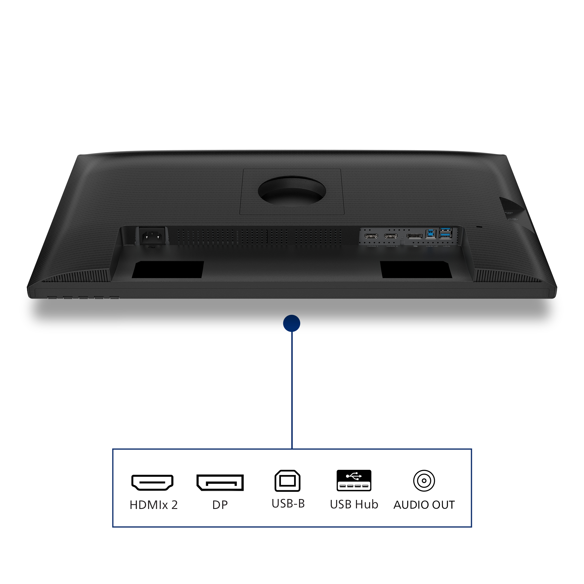 Tył czarnego monitora z portami. Widoczne porty HDMI, DP, USB i audio. Białe tło.