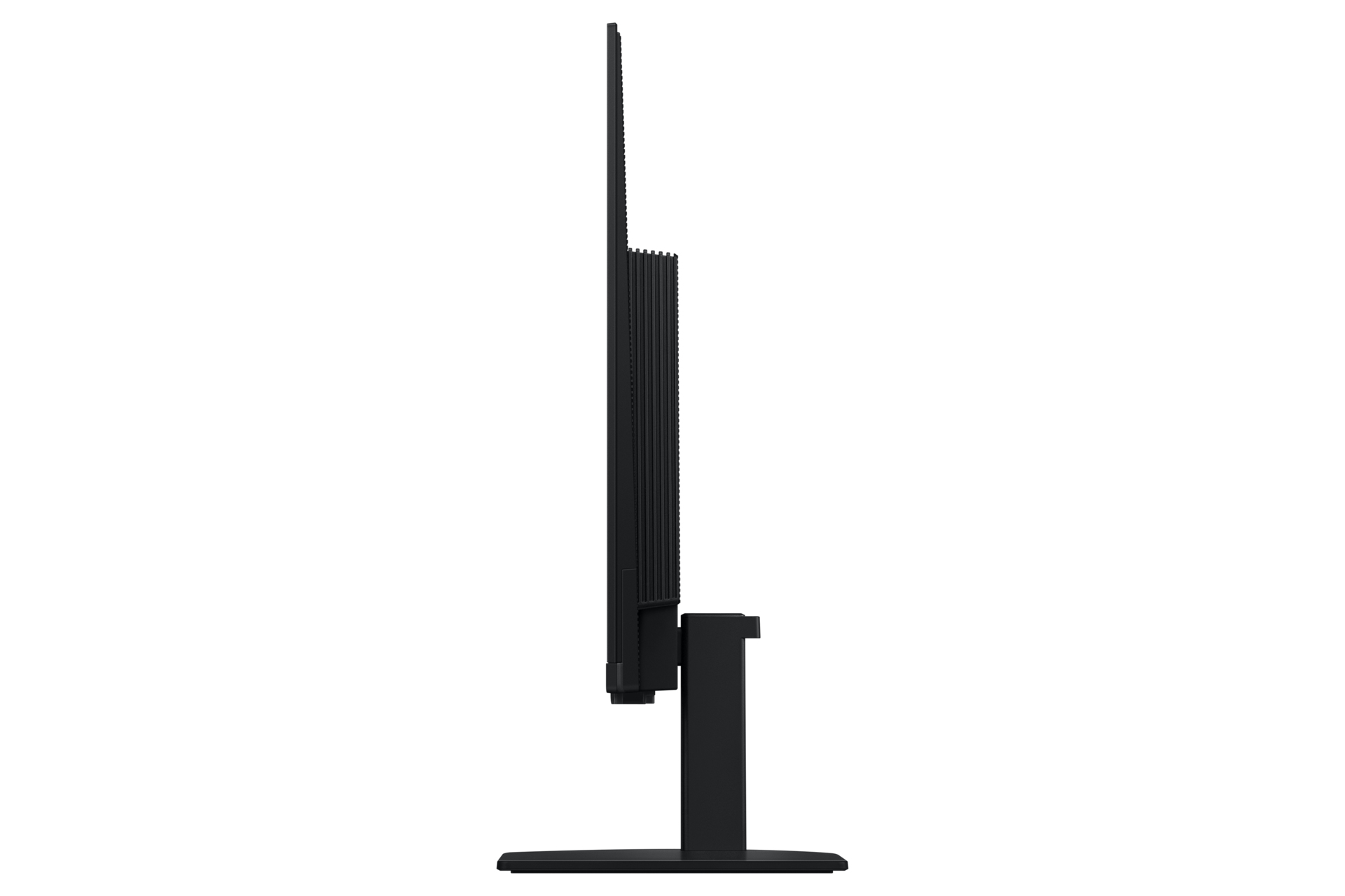 Un monitor del computer nero, vista laterale, con design verticale e supporto, su sfondo bianco.