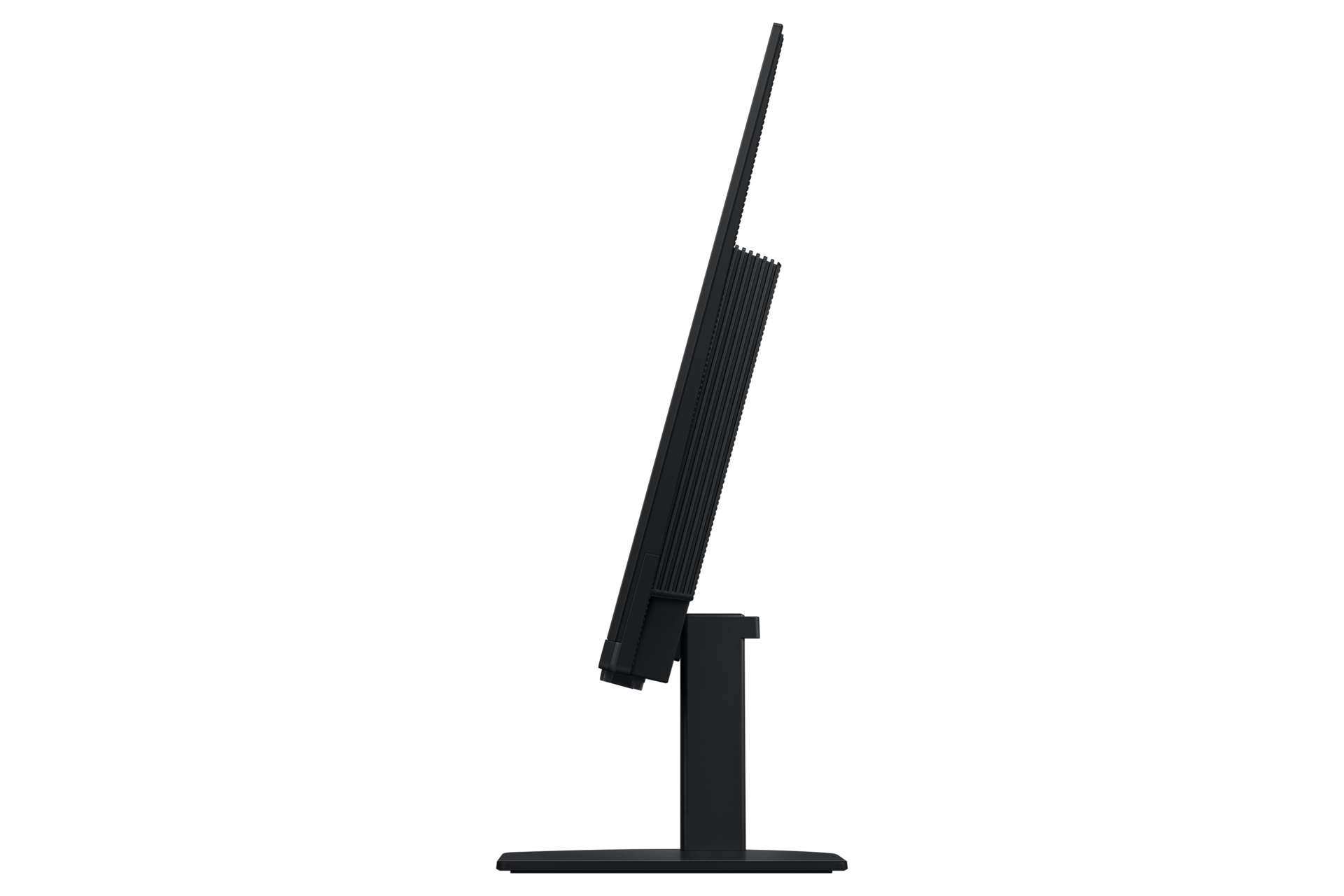 Vista laterale di un monitor nero su sfondo bianco. Lo schermo è angolato, la base ha una forma a T.
