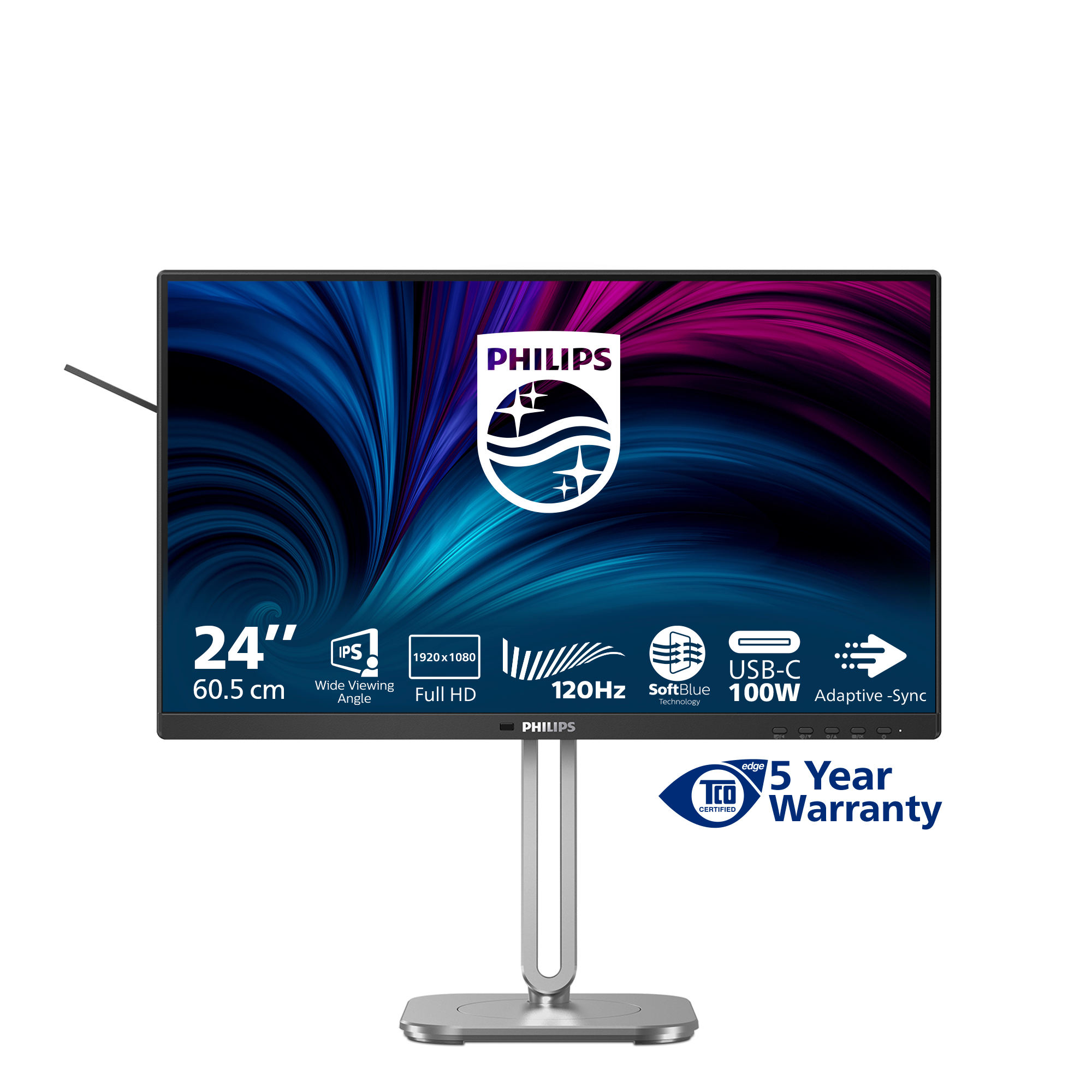 24-calowy monitor Philips ze srebrną podstawą. Posiada 120Hz, Full HD i USB-C. Ekran wyświetla niebieski i fioletowy wzór.