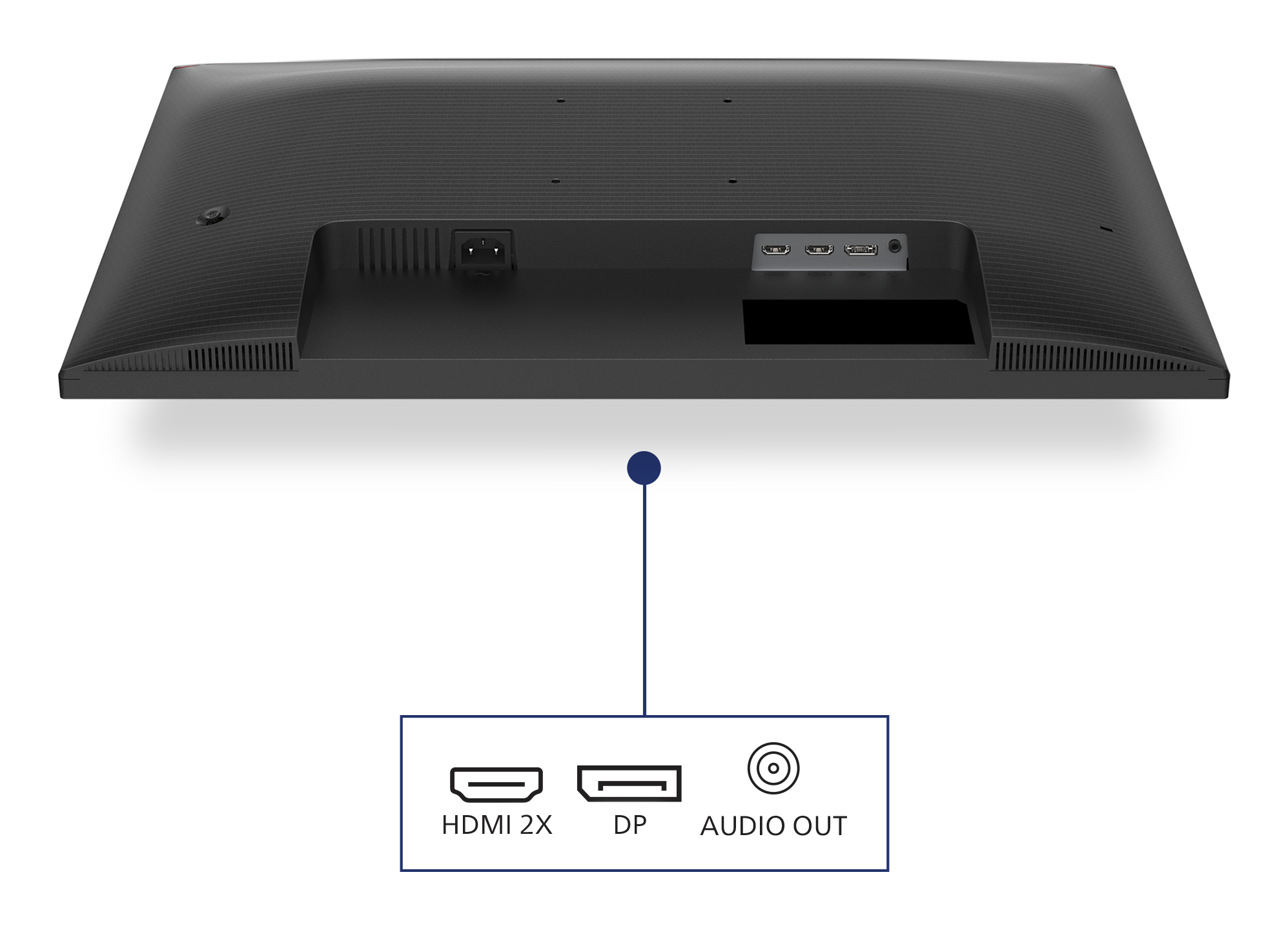 Tył czarnego monitora z portami: 2 HDMI, DP i wyjście audio. Widoczny port zasilania. Białe tło.