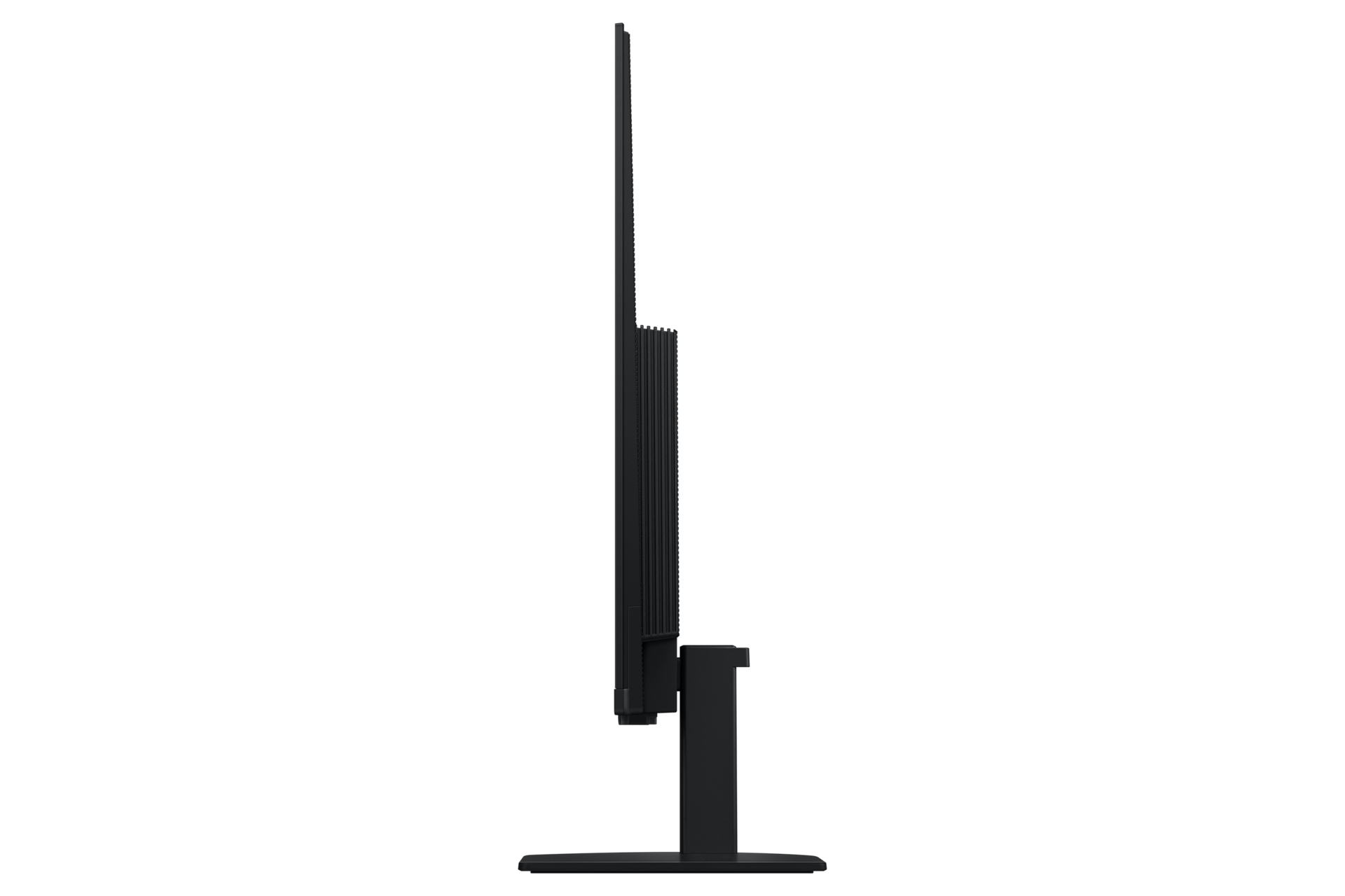 Vista laterale di un monitor per computer nero con supporto. Lo schermo è sottile e rettangolare. Il supporto è a forma di T.