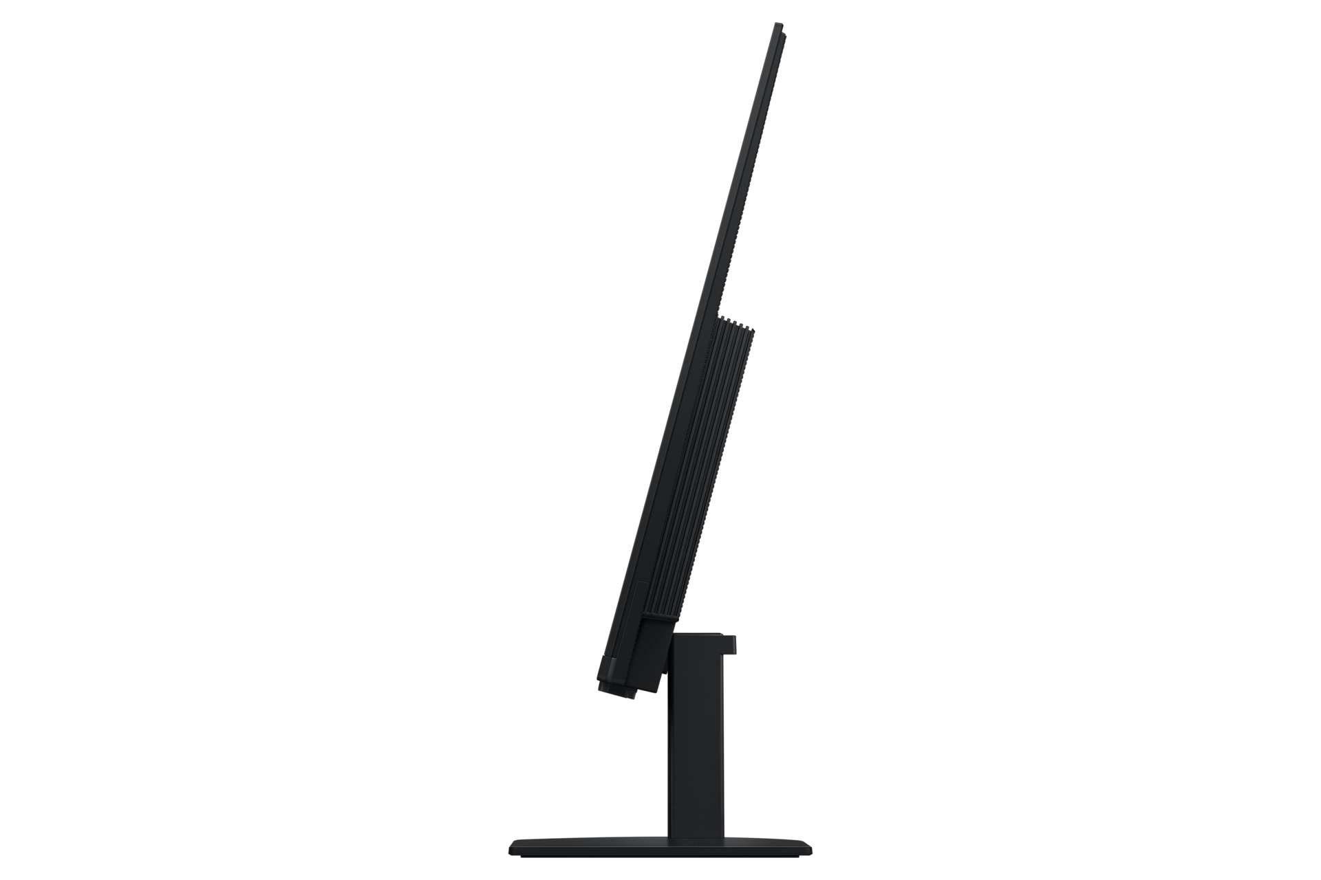 Vista laterale di un monitor per computer nero. Lo schermo è angolato e la base ha una forma rettangolare stabile. Sfondo bianco.