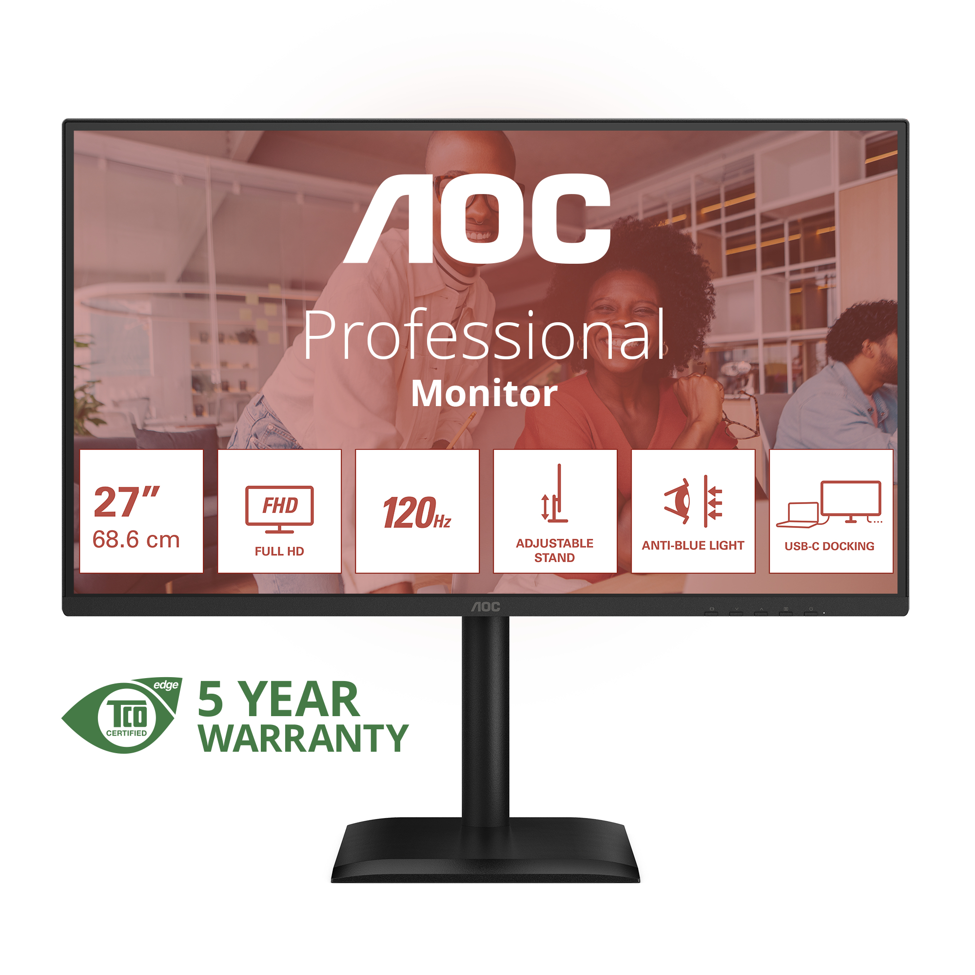 Profesjonalny monitor AOC. Posiada 27-calowy wyświetlacz, FHD, 120 Hz, regulowaną podstawę, filtr światła niebieskiego i USB-C.