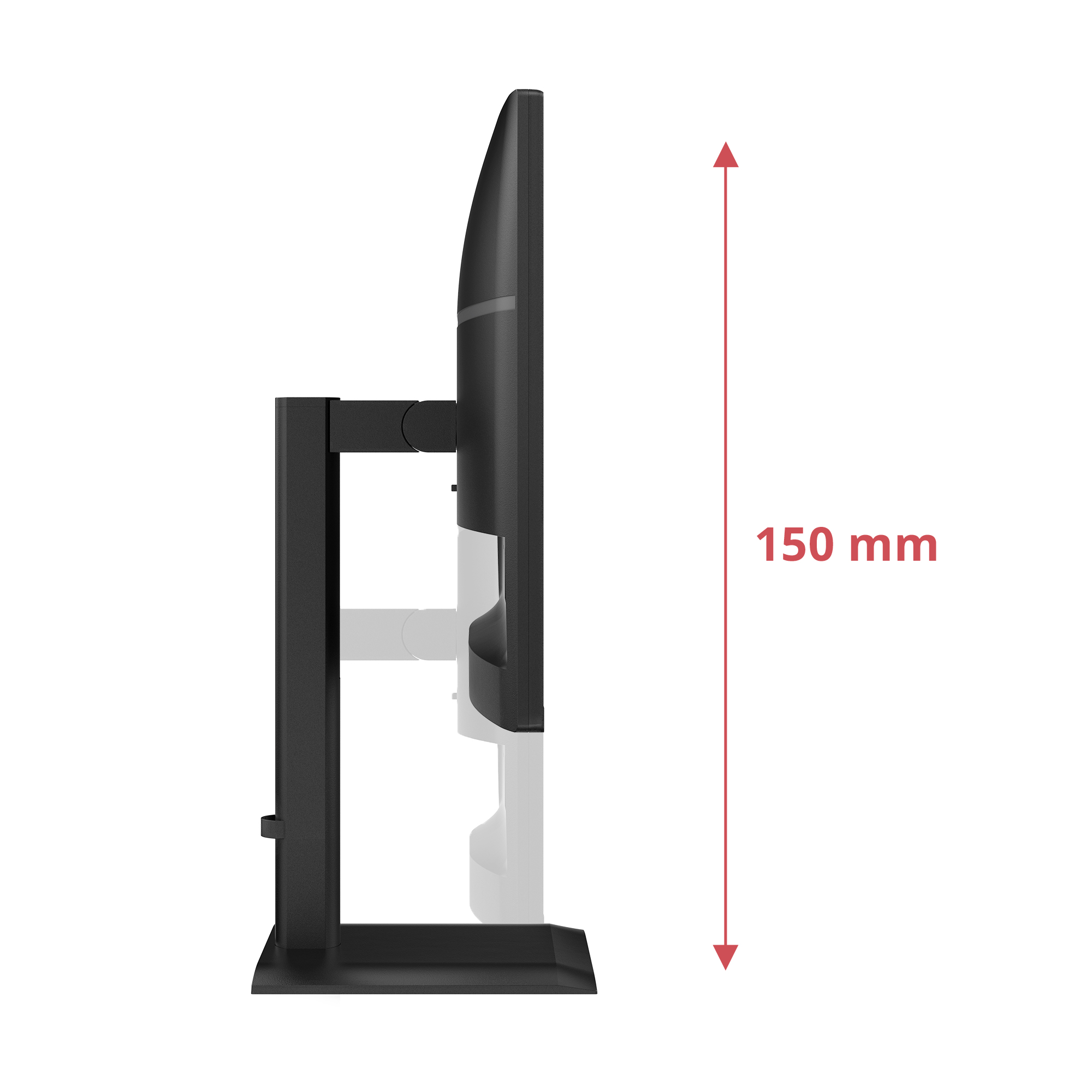 Widok z boku czarnego monitora na jego stojaku. Czerwona strzałka wskazuje wysokość 150 mm.