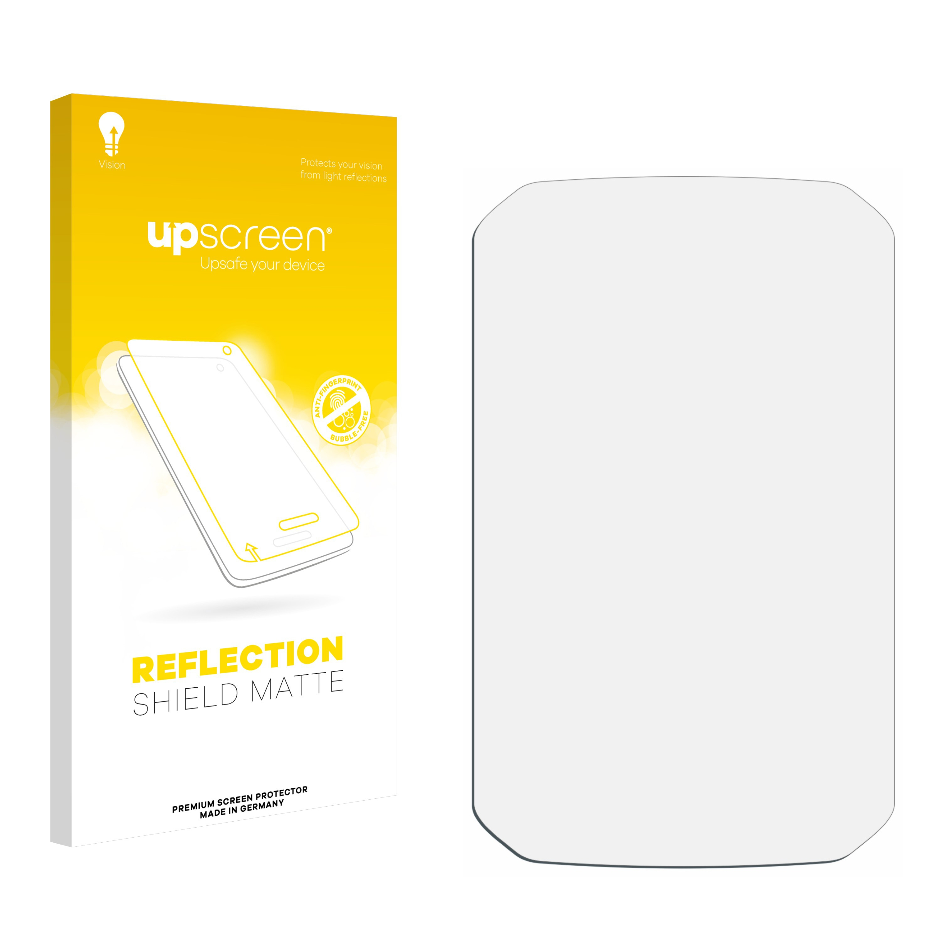 Ein weißer Displayschutz neben einer gelb-weißen Box. Text: 'Reflection Shield Matte' und 'Upscreen'.
