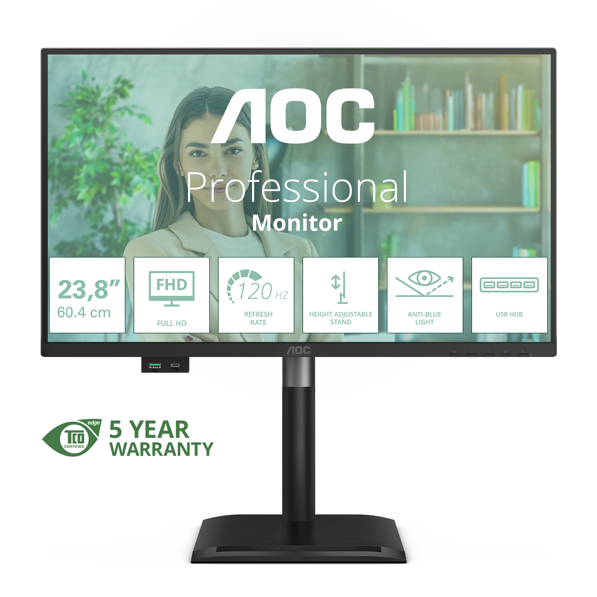 Monitor AOC Professional. Funkcje: Full HD, częstotliwość odświeżania 120 Hz, regulacja wysokości, filtr światła niebieskiego, hub USB. 5 lat gwarancji.