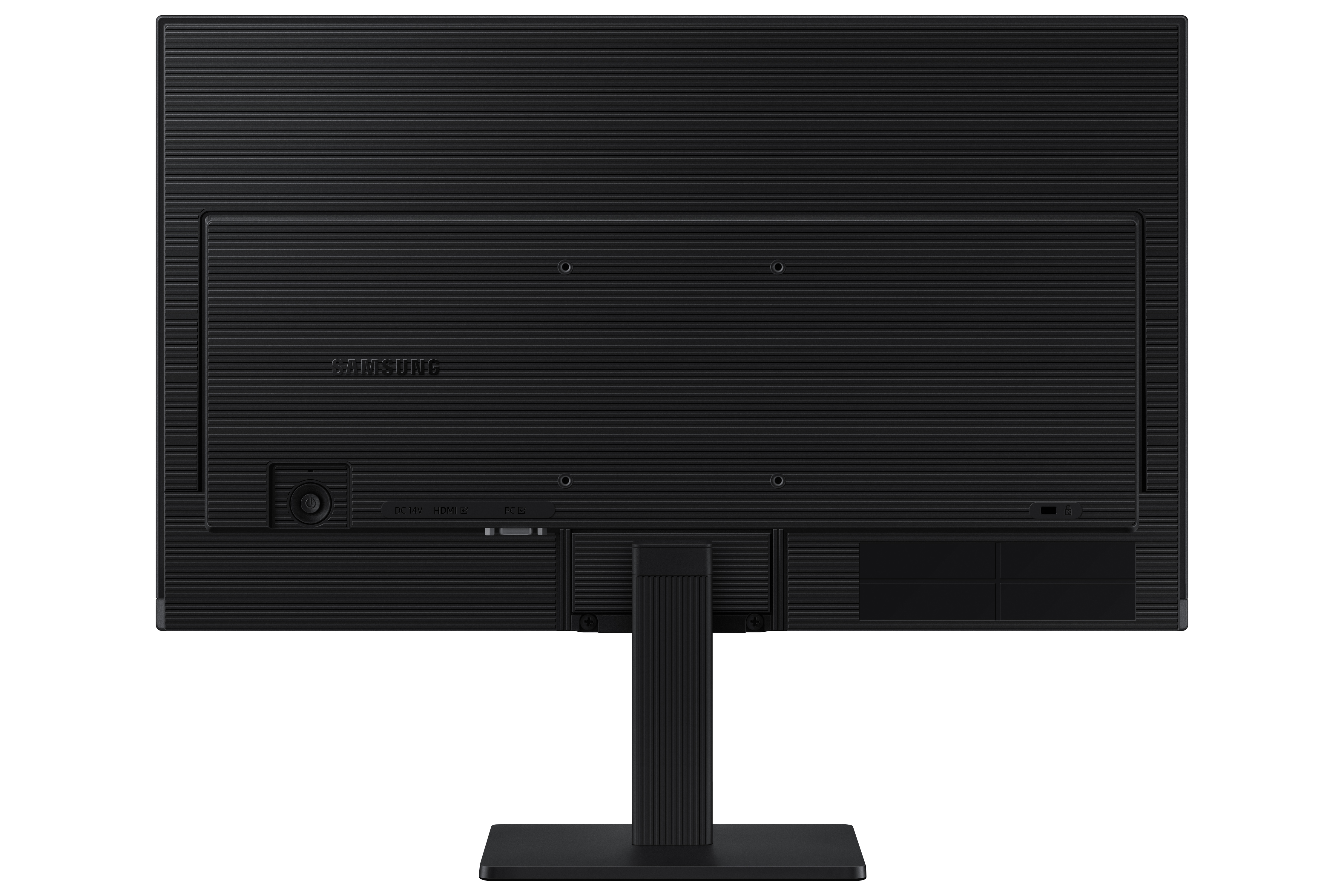 Retro di un monitor per computer nero con supporto. Dispone di porte e del logo Samsung. Superficie strutturata, a coste.