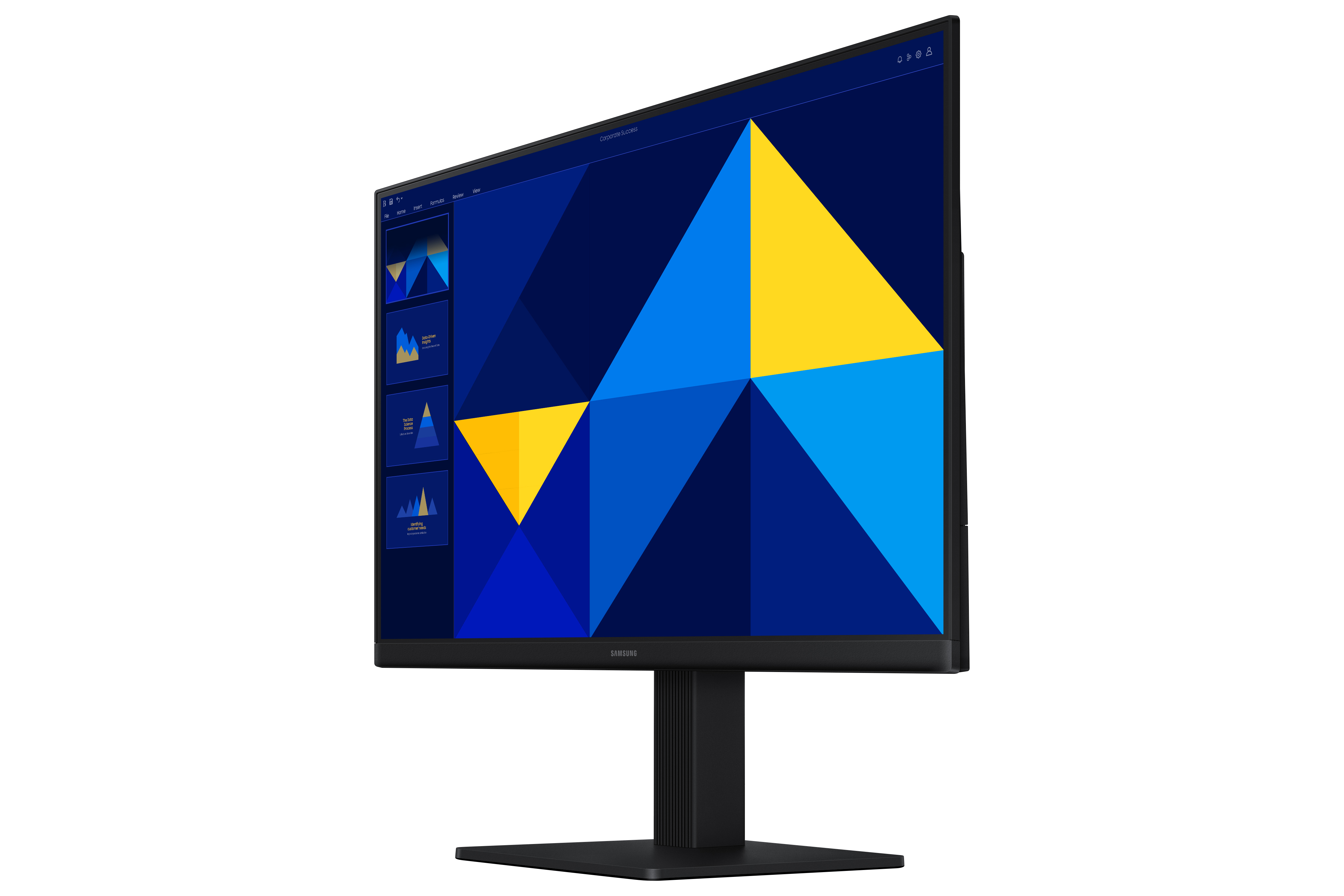 Un monitor di computer nero mostra un grafico astratto geometrico con forme gialle, blu e bianche su sfondo scuro.