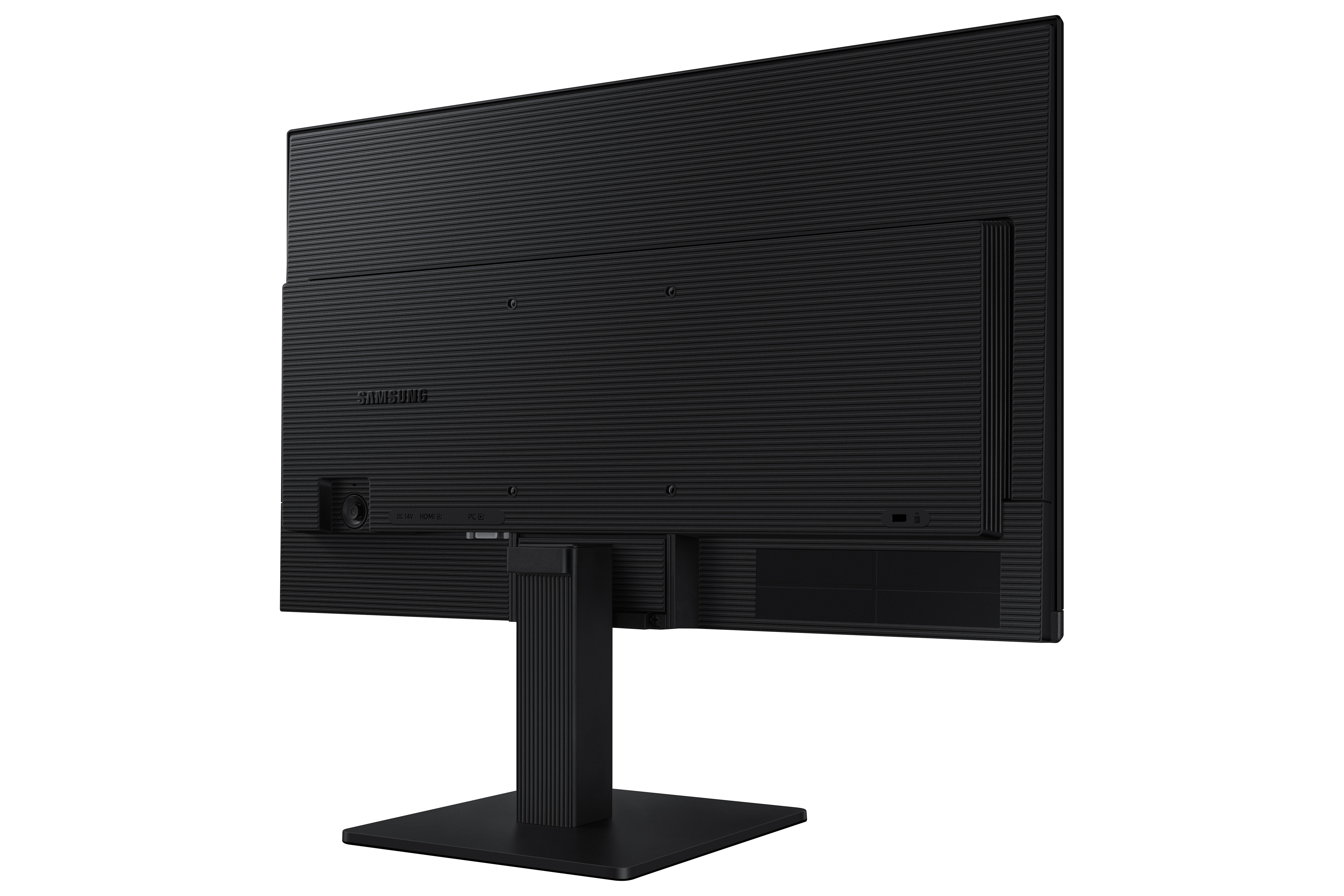 Vista posteriore di un monitor per computer nero su sfondo bianco. Ha un supporto e porte.