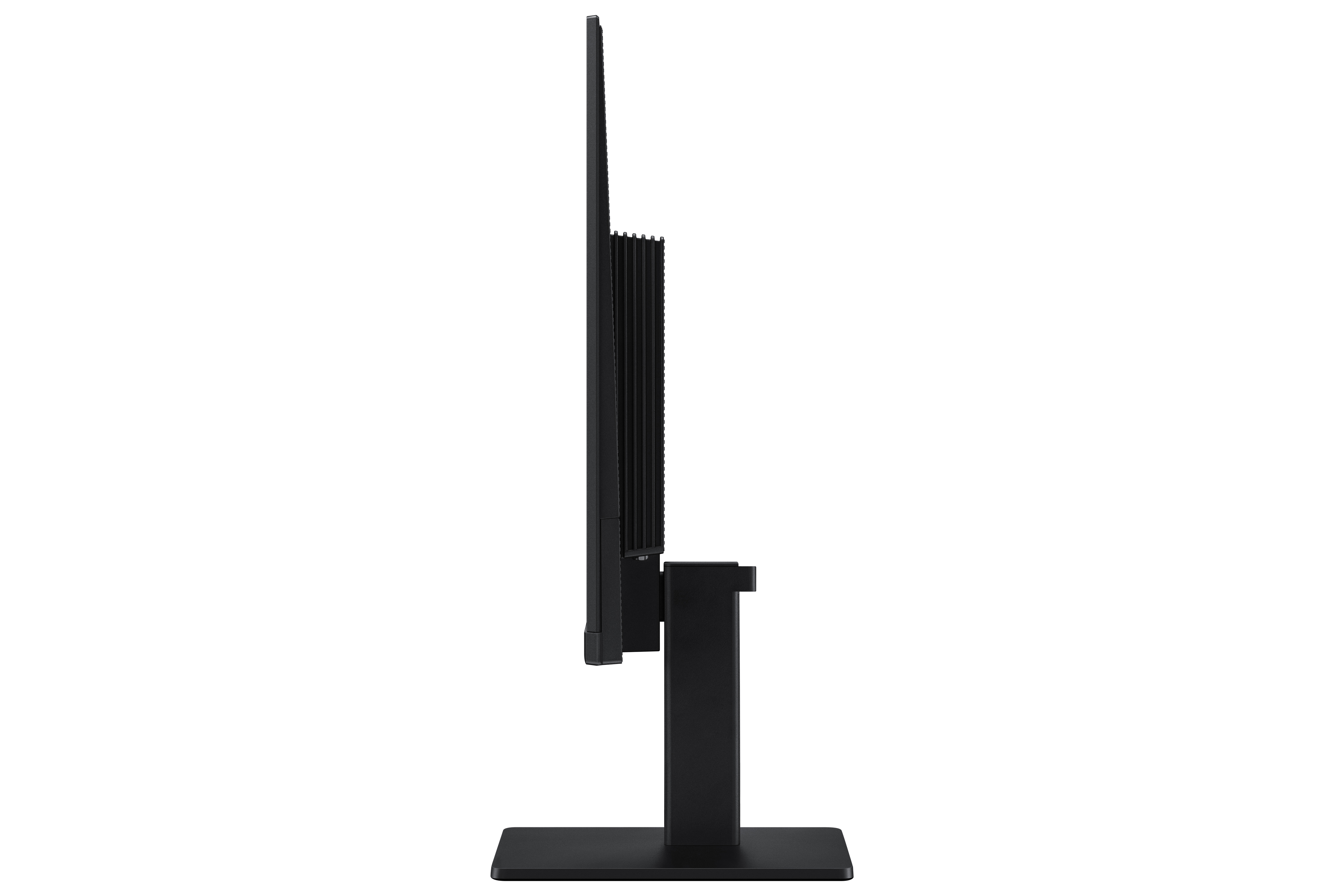 Un monitor di computer nero visto lateralmente. Ha un supporto e uno schermo. Lo sfondo è bianco.