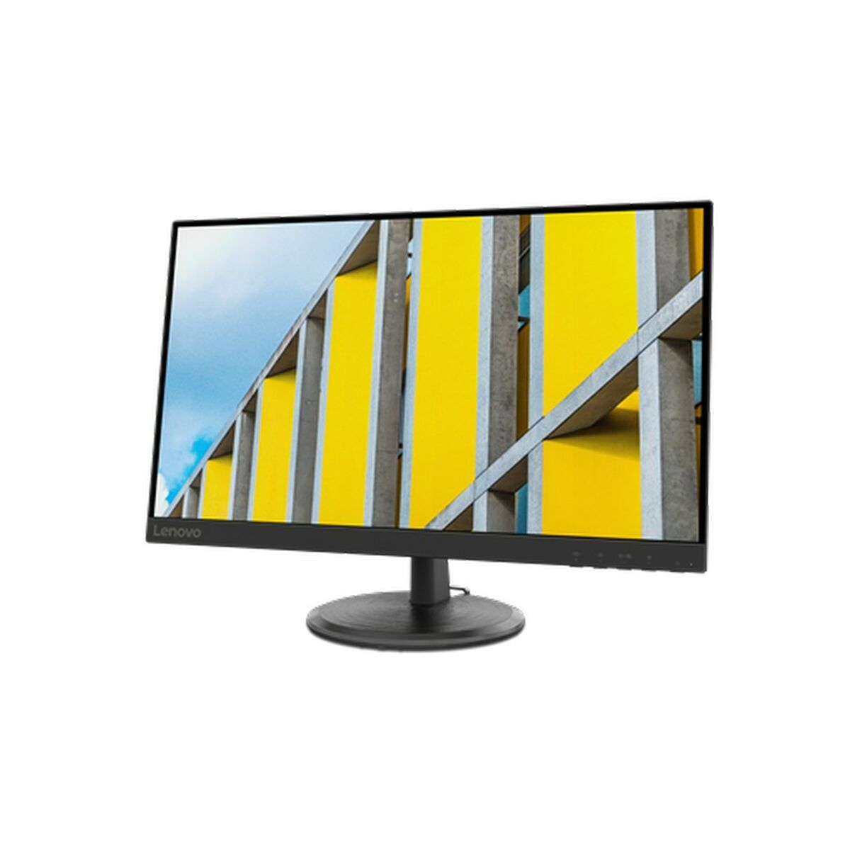Monitor Lenovo. La pantalla muestra un edificio amarillo y gris. El monitor es negro, con un soporte negro.