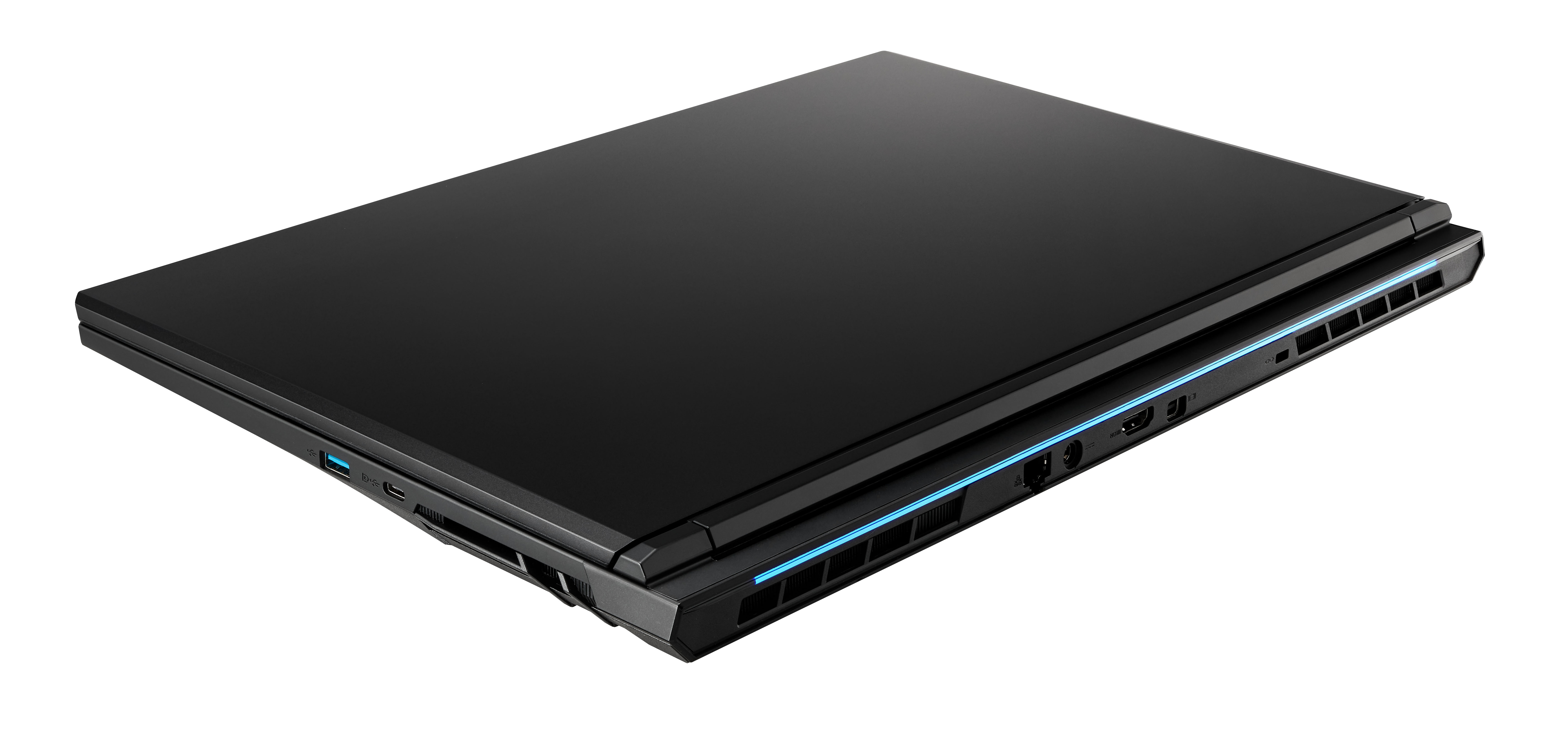 Ein schwarzer Laptop wird aus einem Winkel gesehen. Der Laptop ist geschlossen. An der Seite befinden sich Anschlüsse und ein blaues Licht.