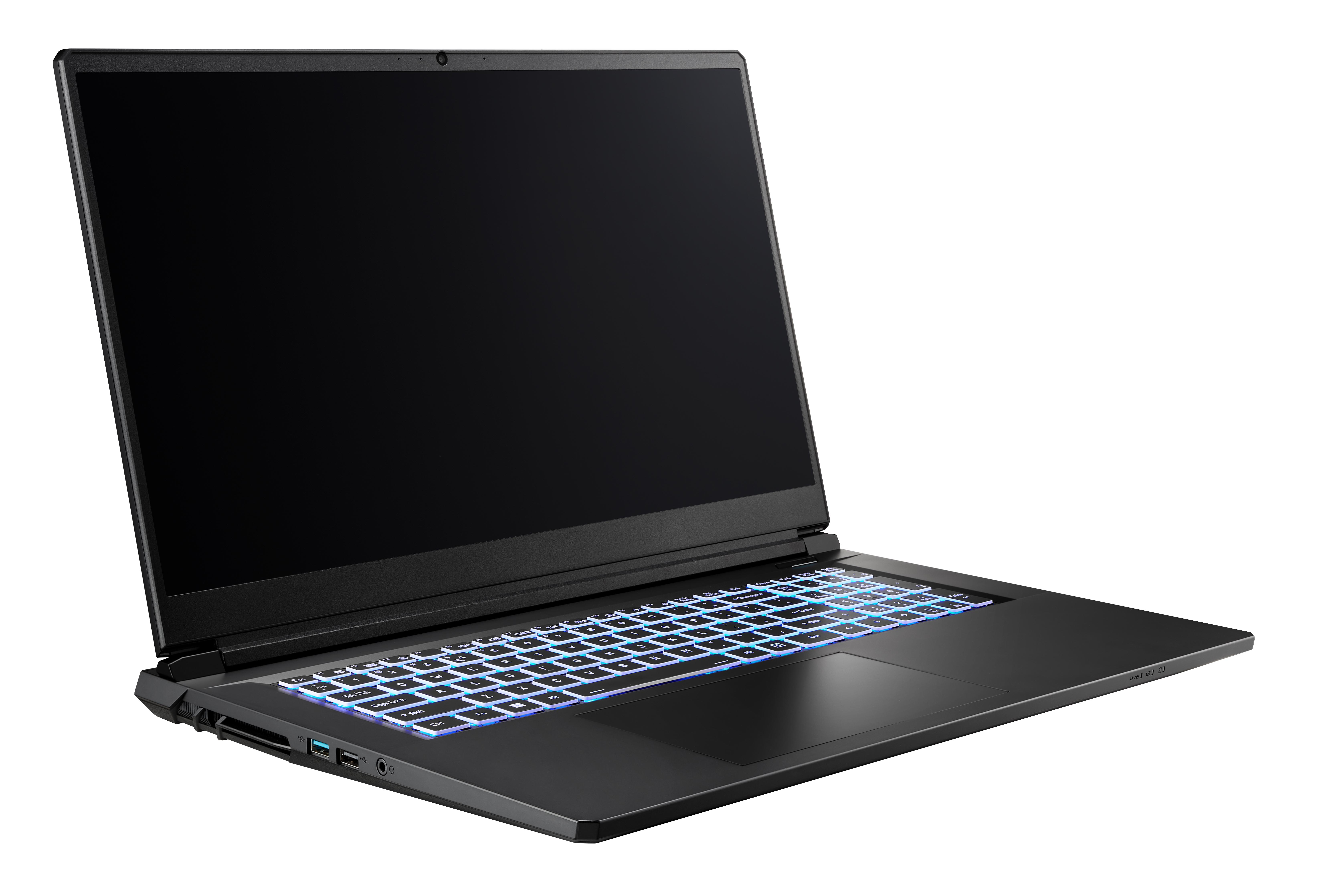 Schwarzer Laptop auf weißem Hintergrund. Tastatur mit blauer Hintergrundbeleuchtung. Bildschirm ist schwarz. Perspektivische Ansicht.