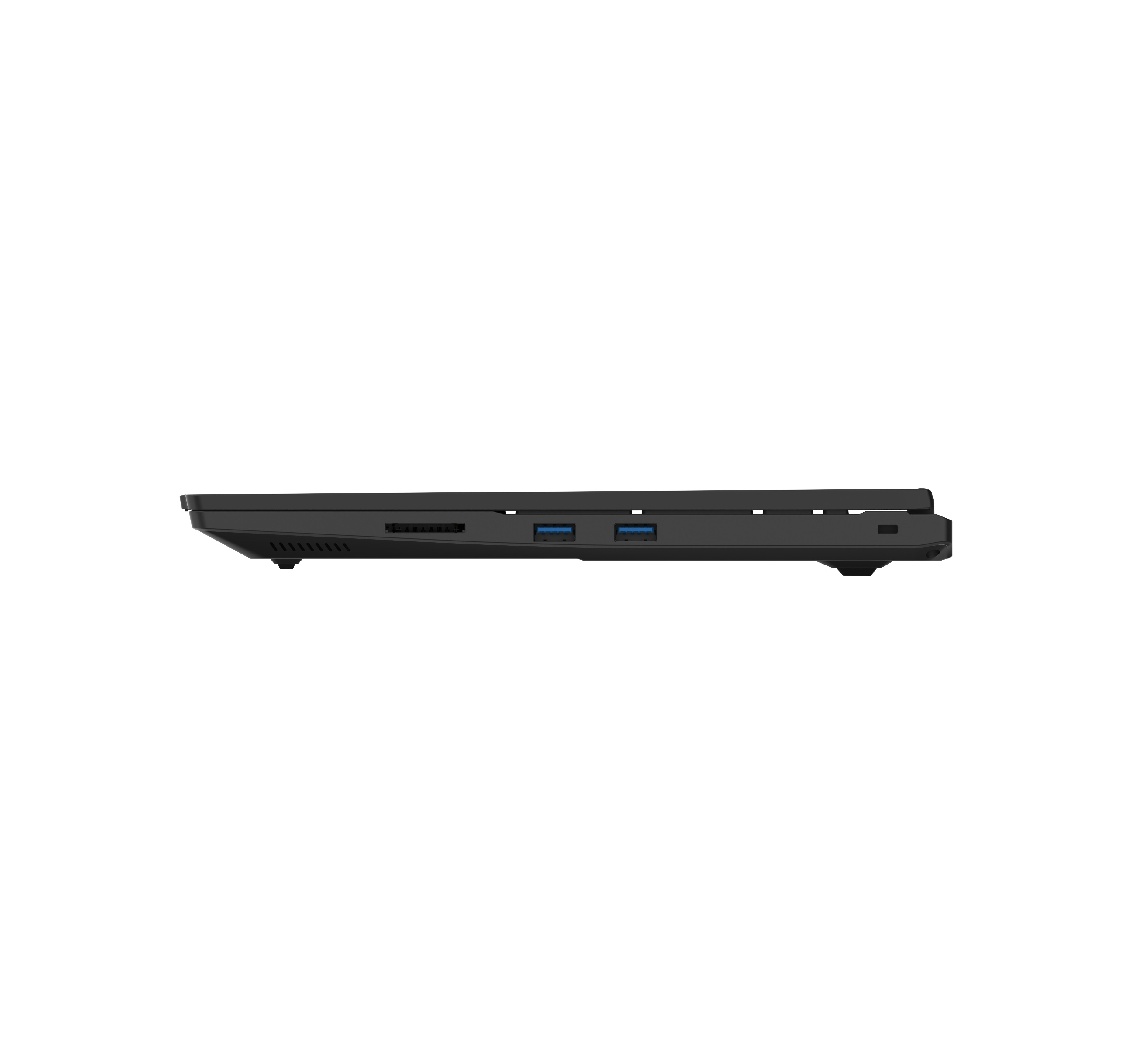 Seitenansicht eines schwarzen Laptops auf weißem Hintergrund. Anschlüsse sind sichtbar. Der Laptop ist geschlossen.