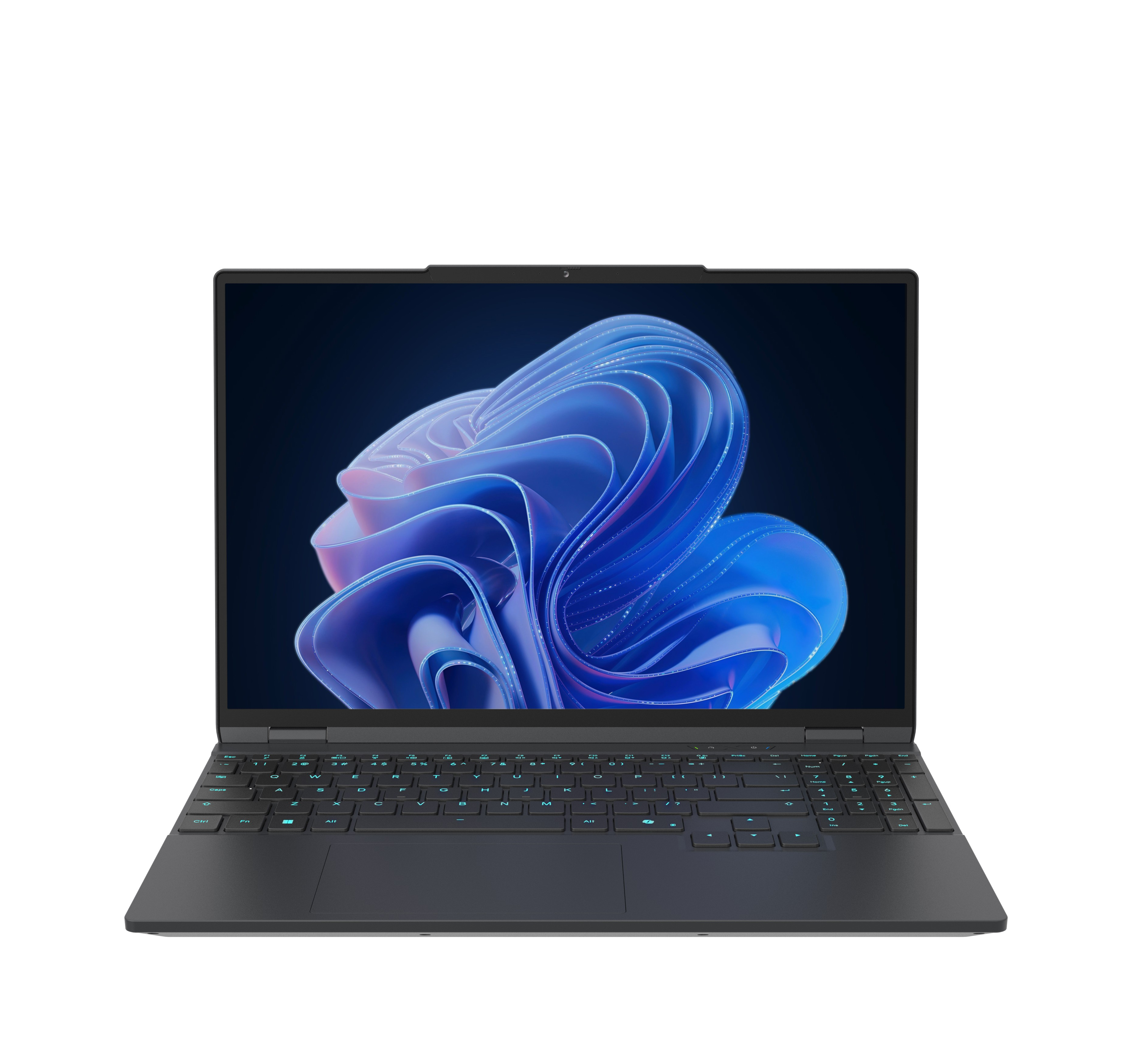 Ein schwarzer Laptop ist geöffnet und zeigt ein blau-violettes abstraktes Bild auf dem Bildschirm. Die Tastatur ist teal beleuchtet.