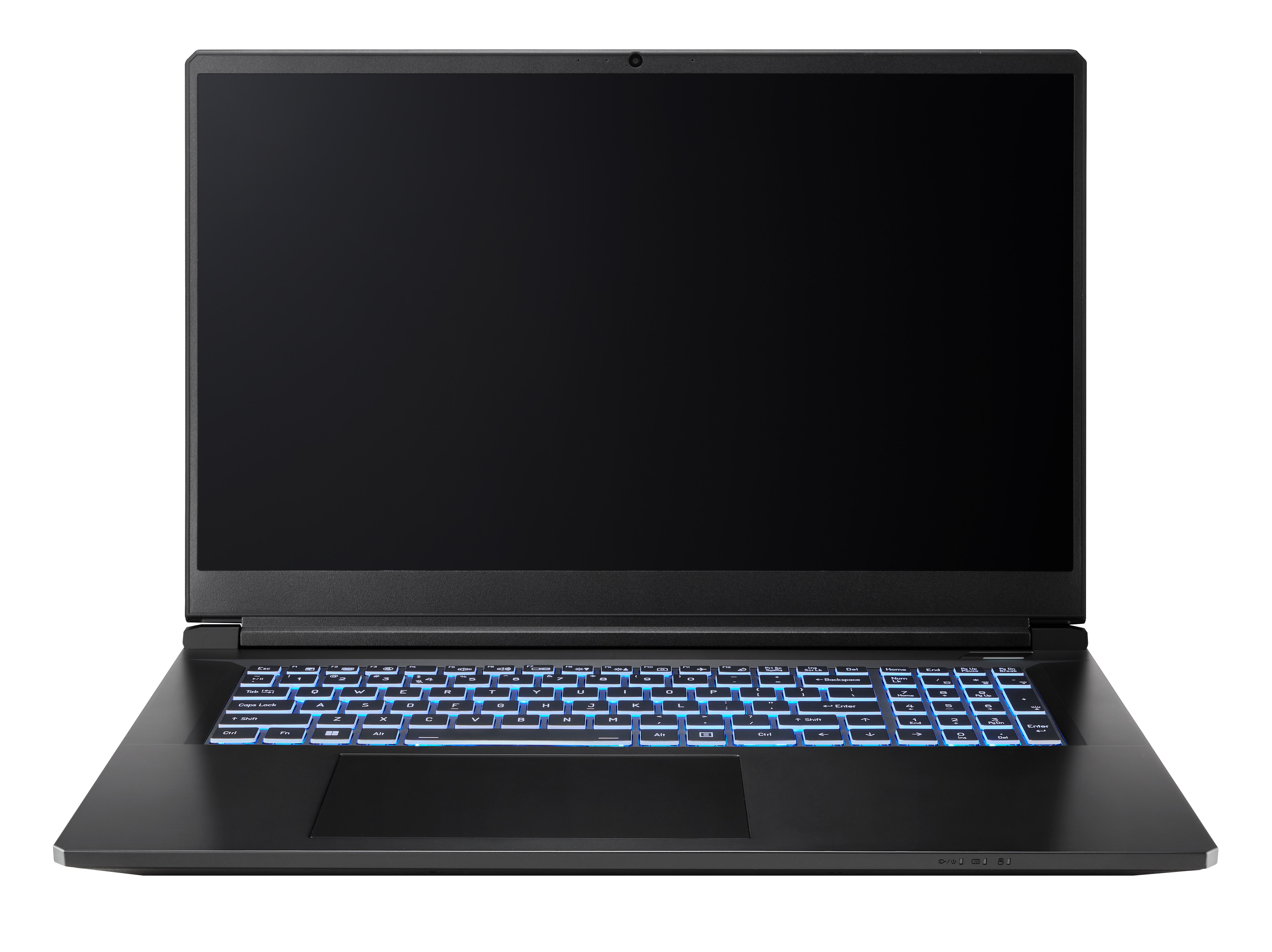 Ein schwarzer Laptop mit beleuchteter Tastatur. Der Bildschirm ist ausgeschaltet. Der Hintergrund ist weiß.