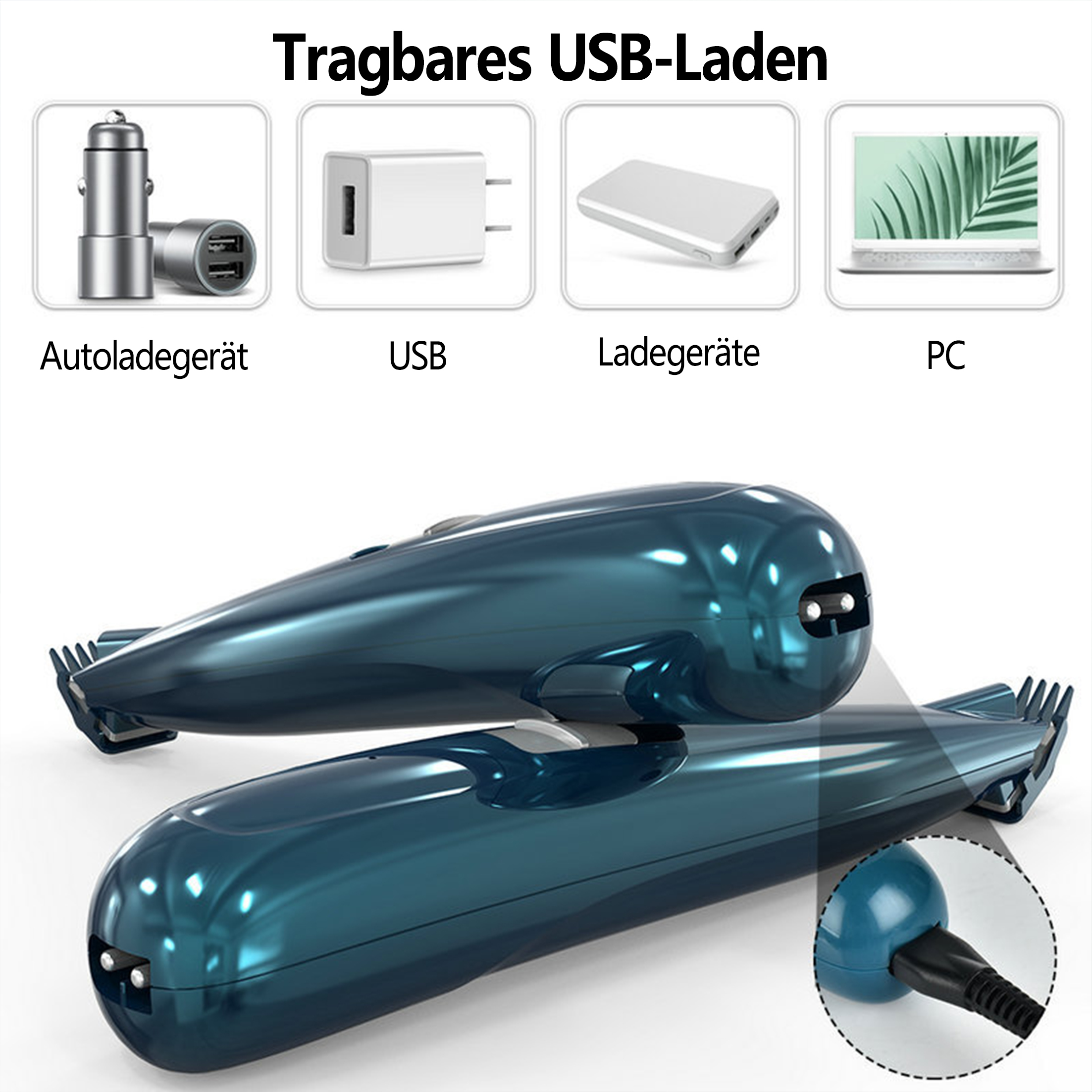 Blauer Elektrorasierer mit Ladekabel. Im Hintergrund befinden sich mehrere Symbole für Ladezubehör.