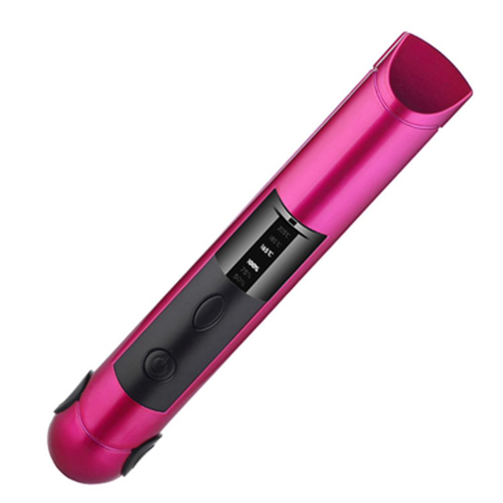 Ein pinkfarbenes Haarglätteisen, diagonal ausgerichtet. Es hat ein schwarzes Display mit Temperatureinstellungen und Knöpfen.