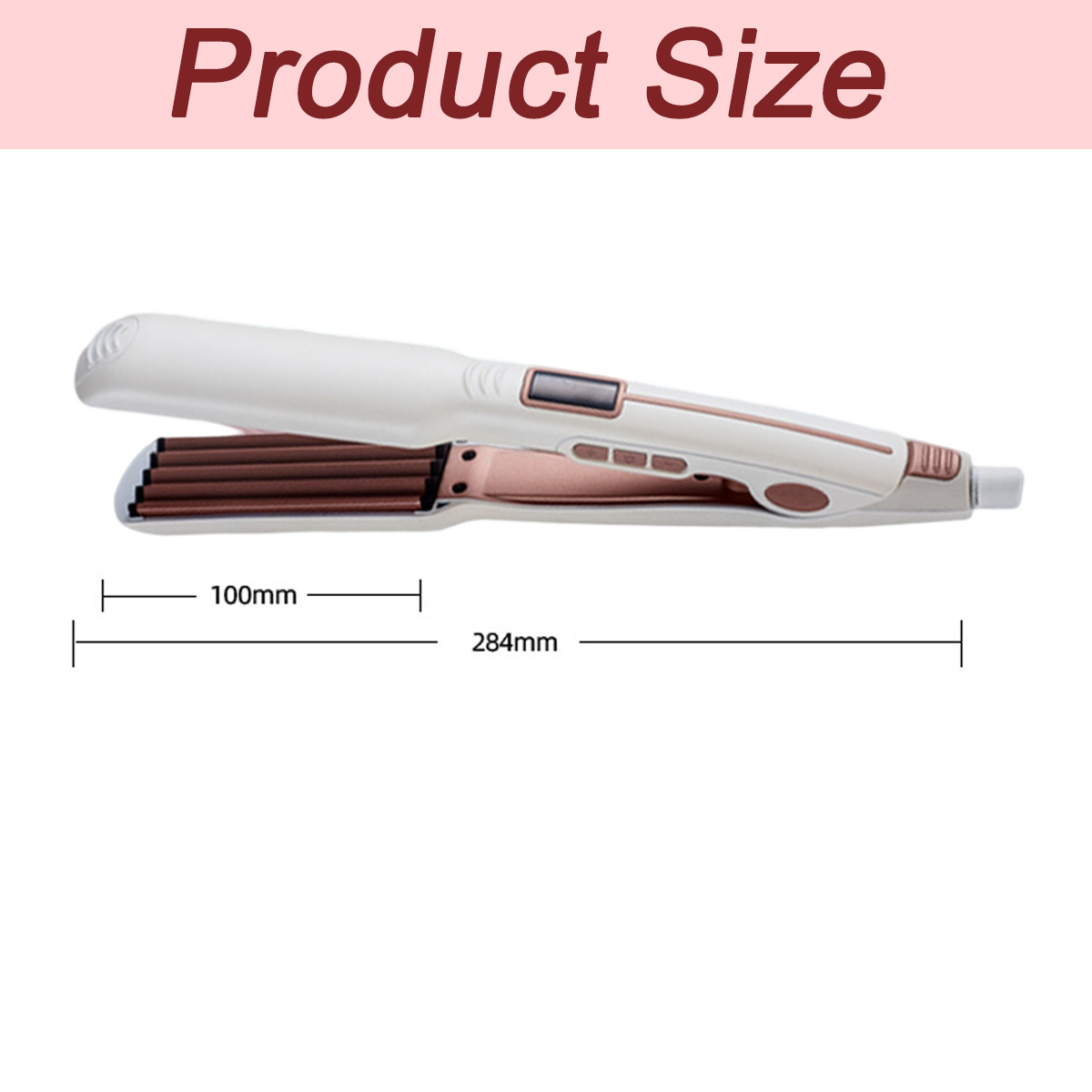 Ein weißes und roségoldenes Haarwellengerät. Abmessungen: 100 mm breit, 284 mm lang. Oben steht 'Produktgröße'.