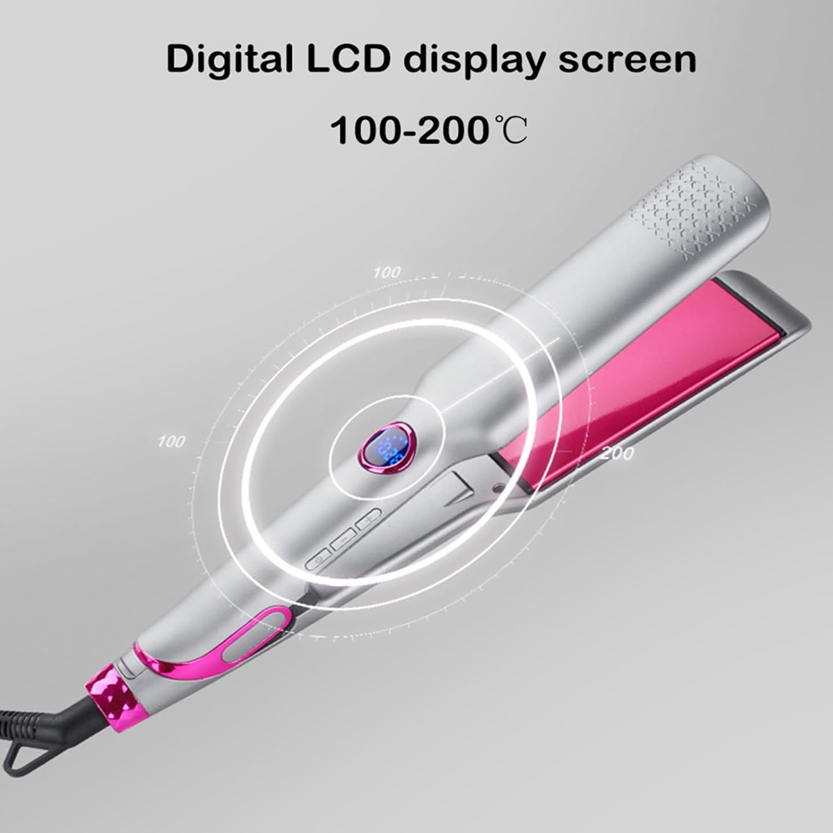 Ein silberner Haarglätter mit rosa Platte, Digitalanzeige und Temperaturbereich von 100-200 °C, mit schwarzem Netzkabel.