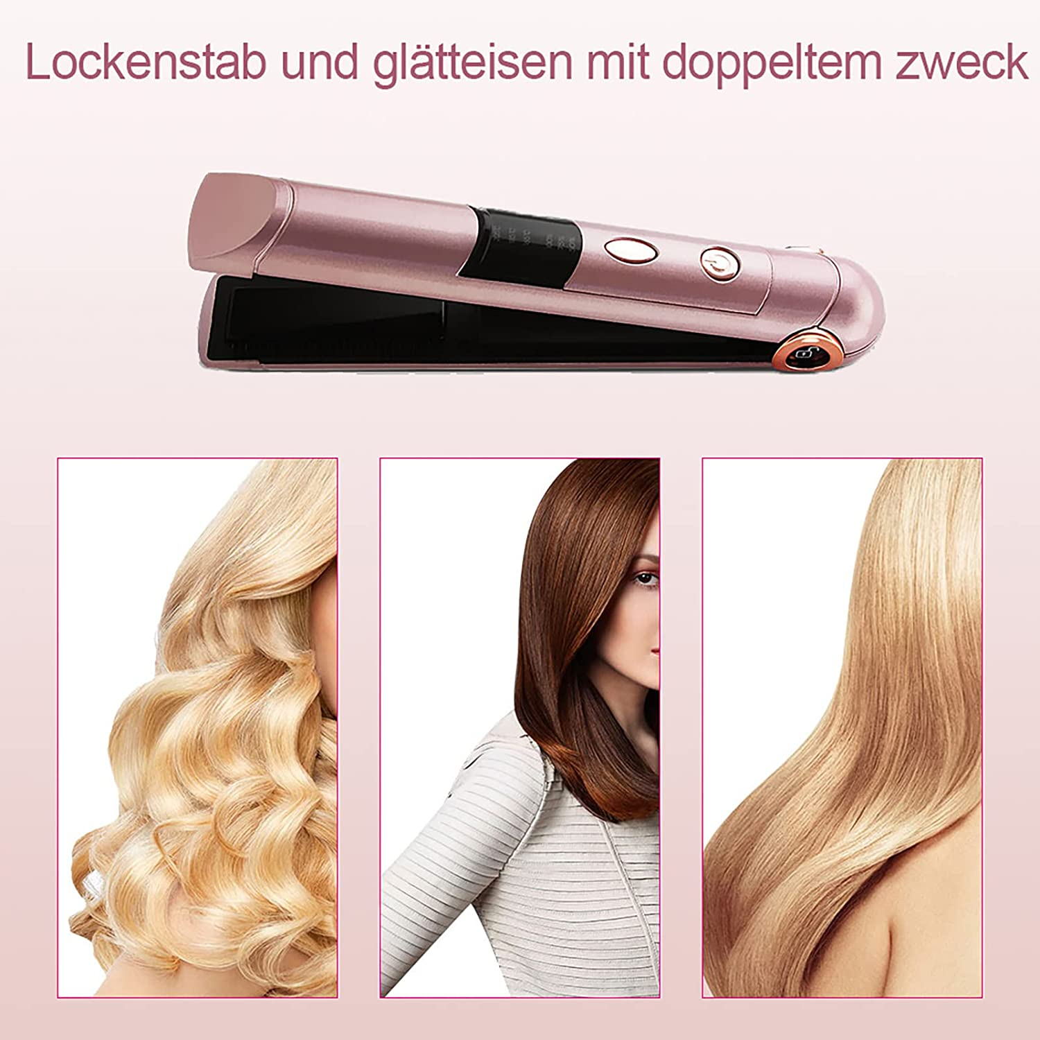 Ein rosa Haarglätter und drei Frisuren: lockiges Blond, glattes Braun und Blond.