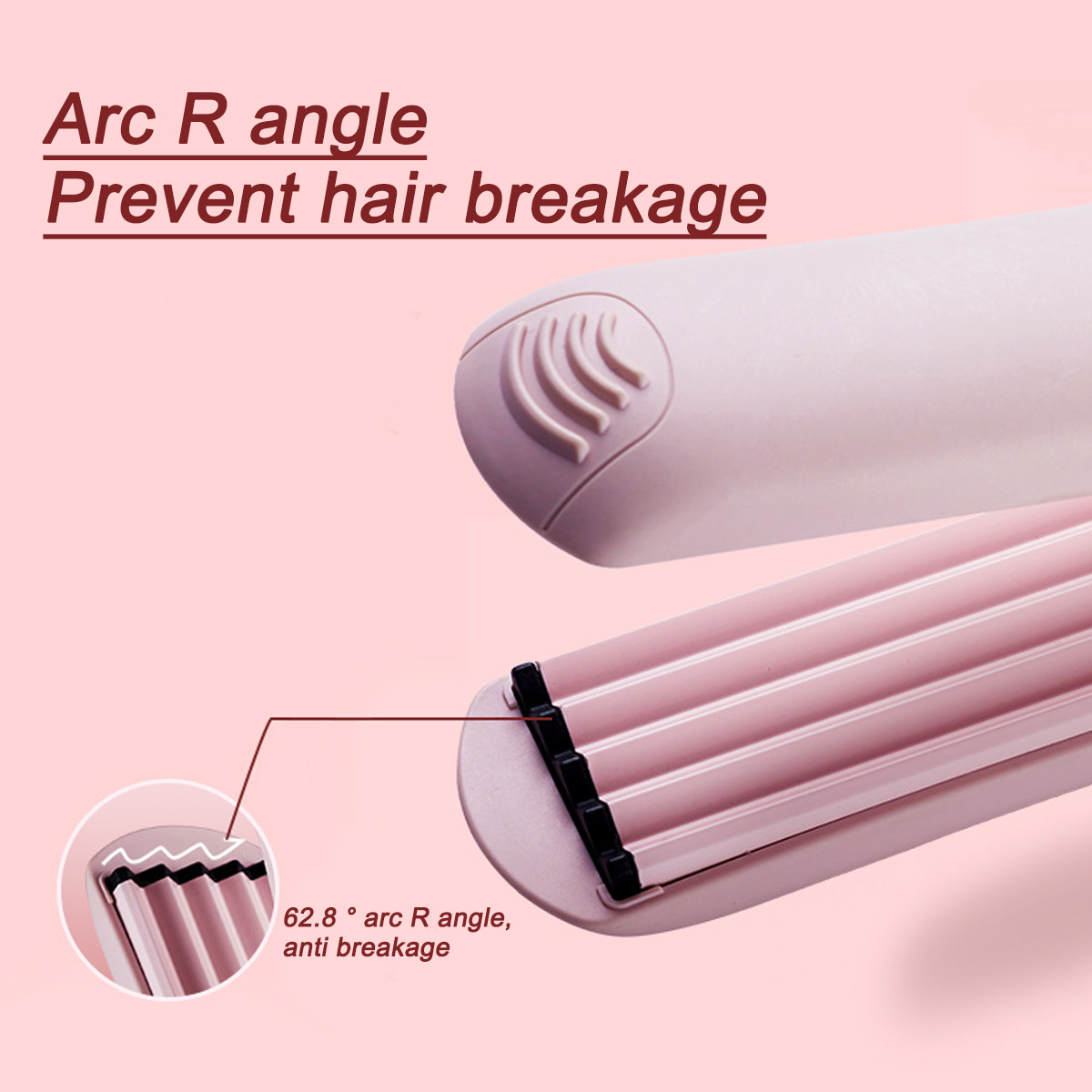 Rosa Haarstyling-Werkzeug. Merkmale umfassen einen Bogenwinkel und verhindern Haarbruch. Eine Nahaufnahme zeigt Details des Designs.
