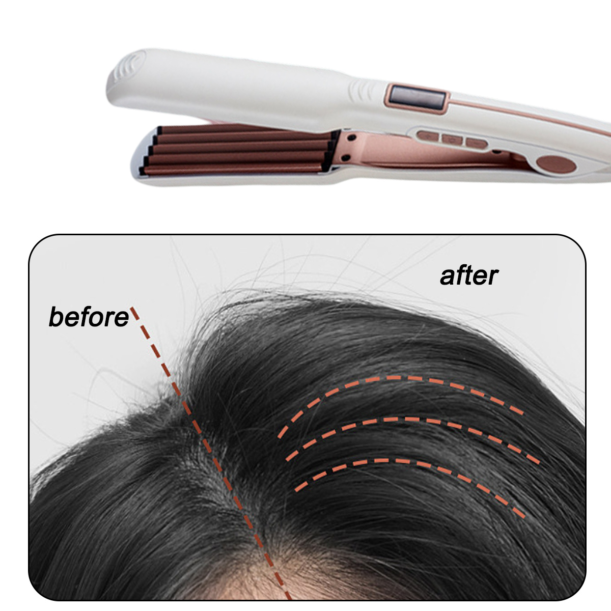 Haar-Eisen mit gewellten Platten über Vorher-/Nachher-Haarvergleich. Dunkles Haar mit roten gestrichelten Linien, die den Styling-Effekt zeigen.