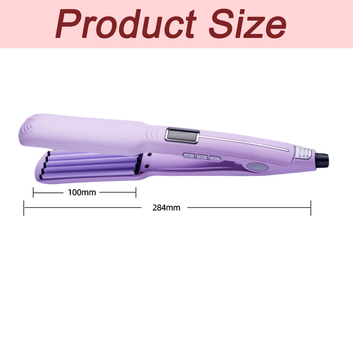 Ein lila Haarcrimper mit Maßangaben. Er ist 284 mm lang und der Crimperkopf ist 100 mm breit. Der Text 'Produktgröße' steht oben.