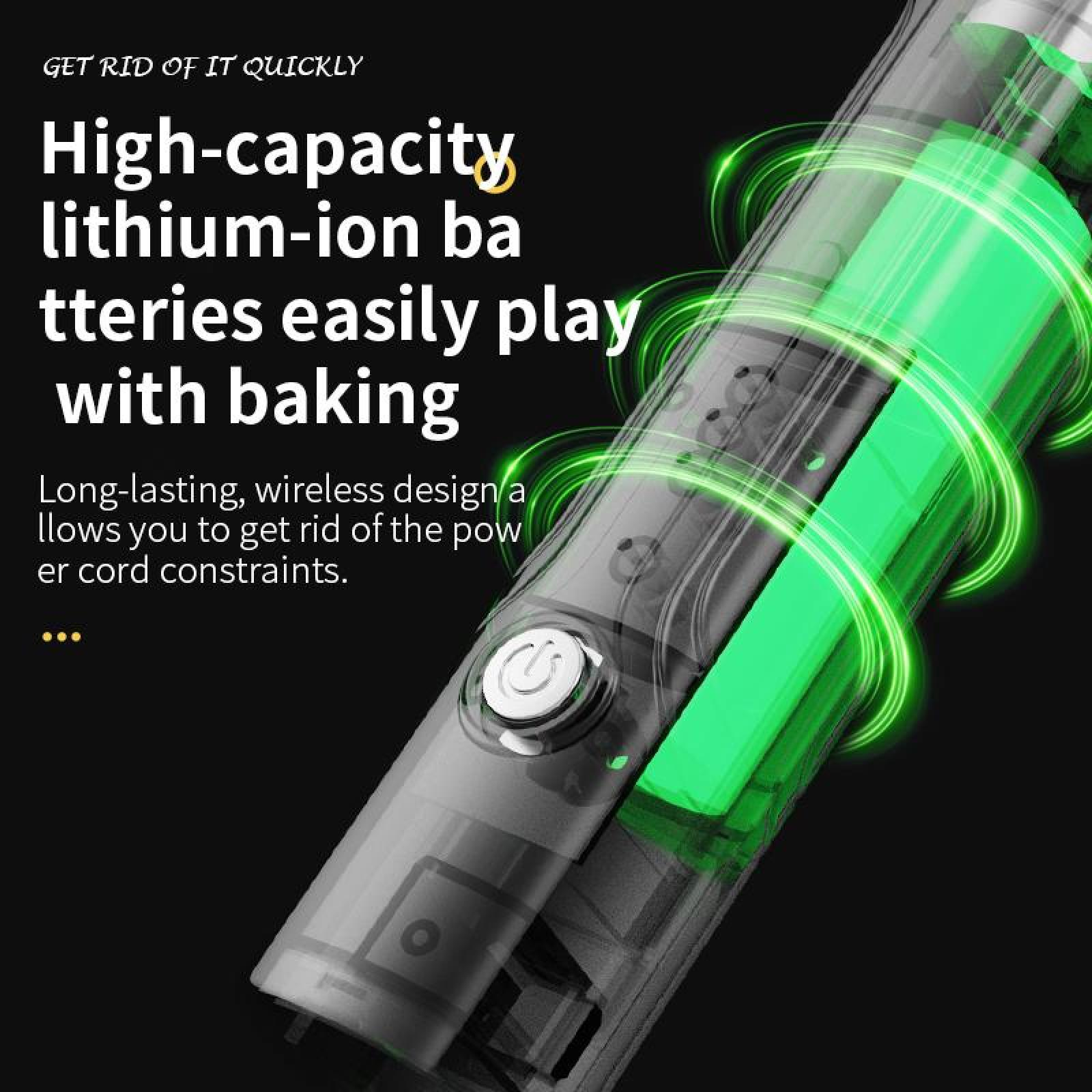 Das Bild zeigt ein Gerät mit einem Ein- / Aus-Schalter und grünen Lichtern. Der Text wirbt für Lithium-Ionen-Akkus mit hoher Kapazität.