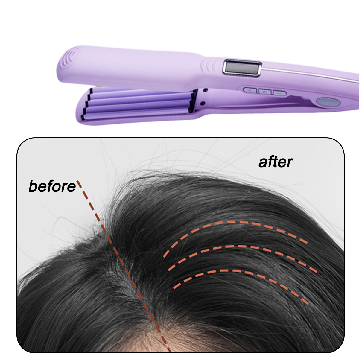 Ein Vorher-Nachher-Vergleich des Haarstylings. Lila Haarkreppe über einer Nahaufnahme von dunklem Haar, die den Effekt des Kreppens zeigt.