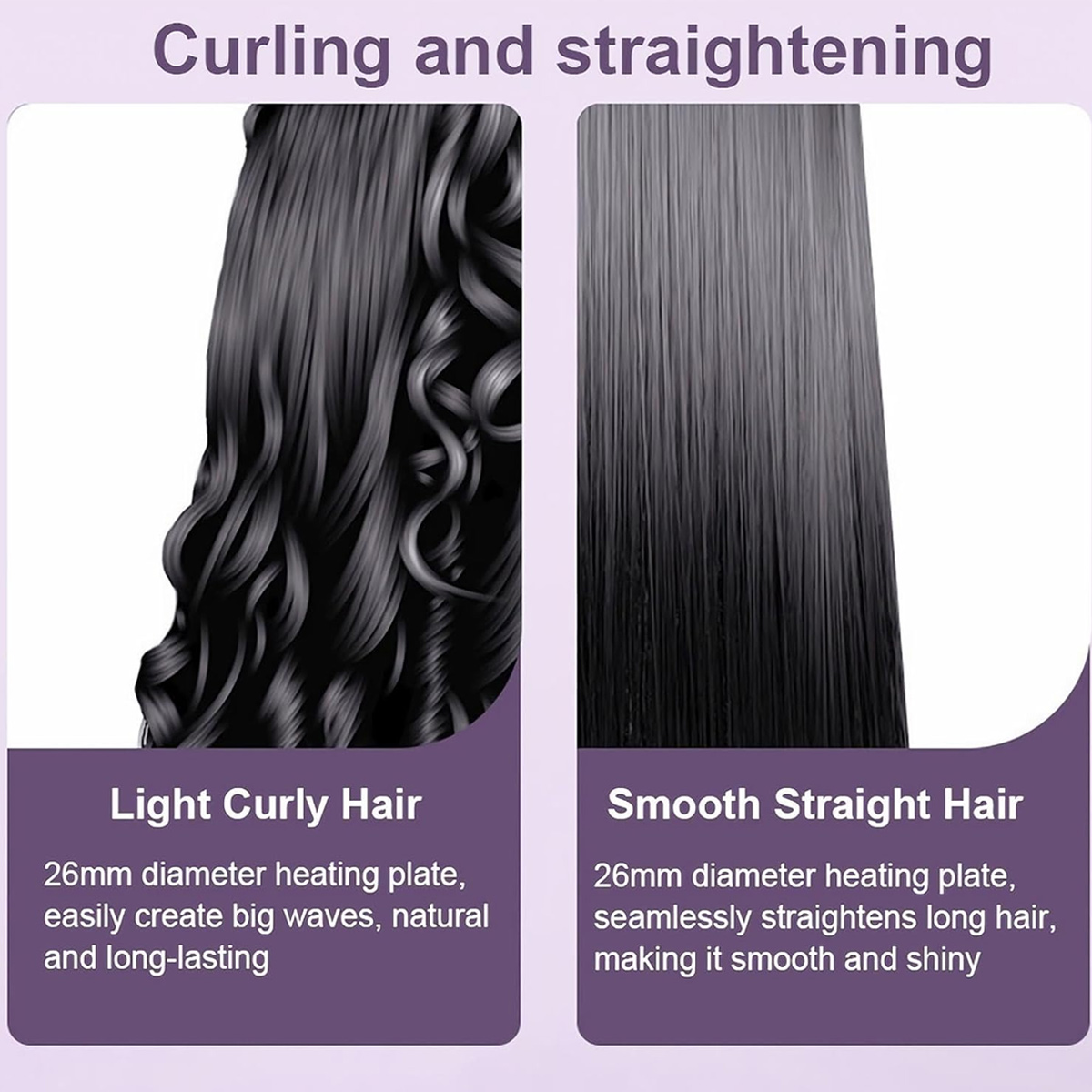 Das Bild zeigt Locken- und Glatthaarproben. Der Text beschreibt die Haarstyling-Methoden und die 26-mm-Heizplatte.