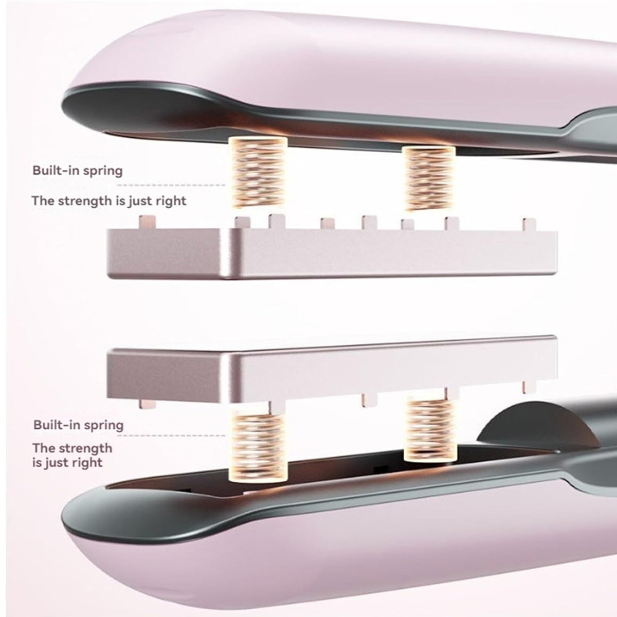 Diagramm eines rosa und grauen Haarglätters mit eingebauten Federn und dem Innenmechanismus. Text deutet darauf hin, dass die Stärke genau richtig ist.