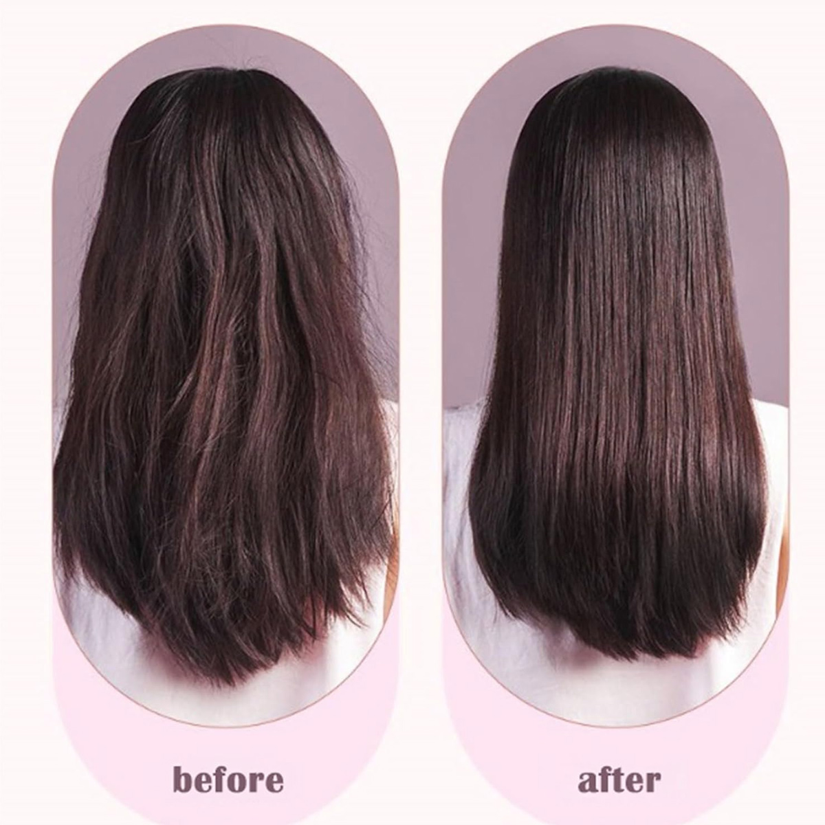 Vergleichsbild: links, ungepflegtes Haar 'vorher'; rechts, glattes, glattes Haar 'nachher'. Zeigt die Haartransformation nach der Behandlung.
