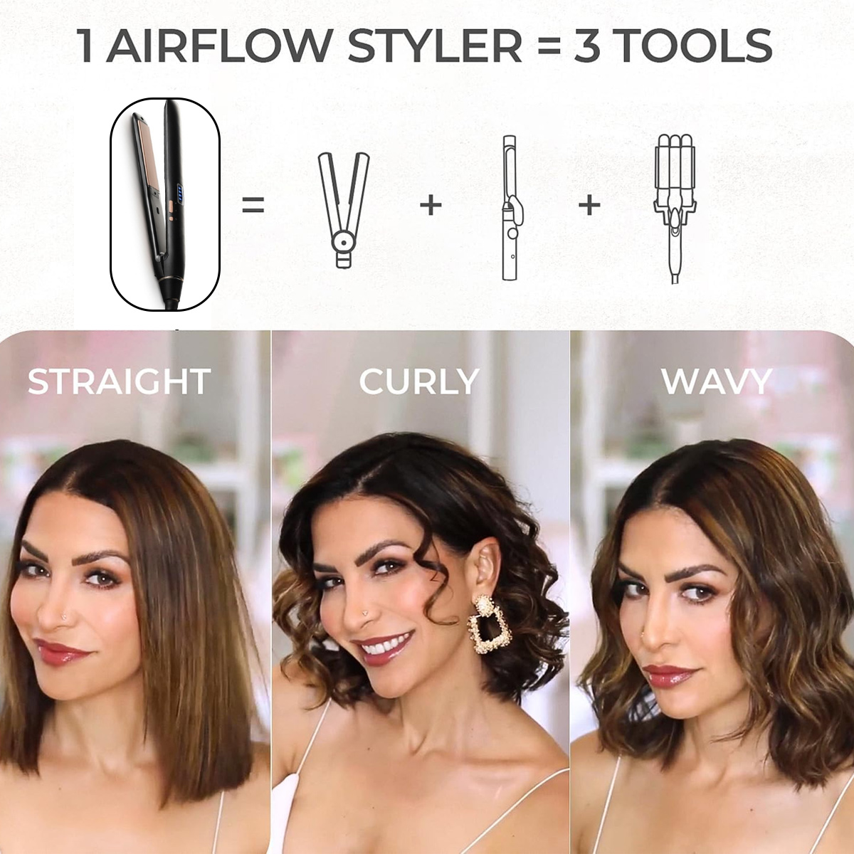 Das Bild zeigt einen Airflow-Styler und drei Haarstyling-Tools. Frauen mit glattem, lockigem und welligem Haar sind ebenfalls abgebildet.