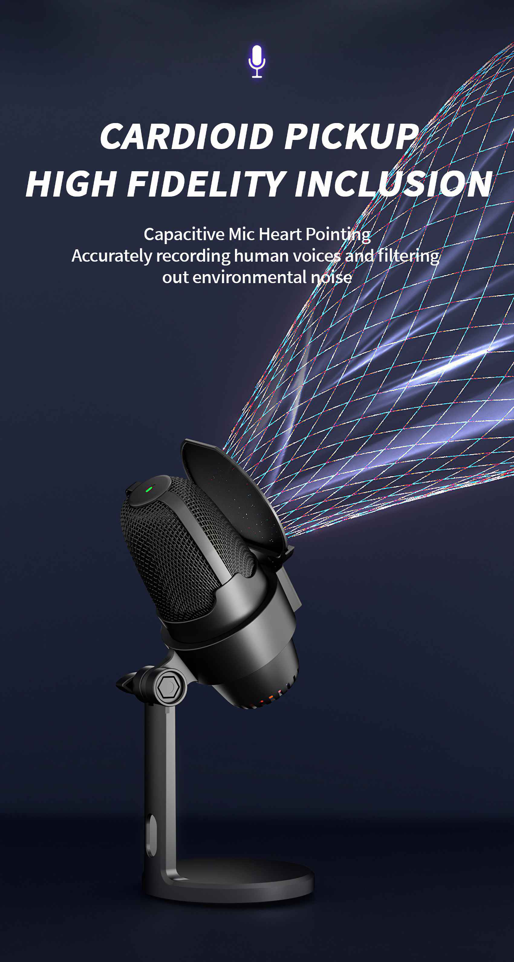 Schwarzes Mikrofon auf einem Ständer. Der Text lautet 'Cardioid Pickup, High Fidelity Inclusion'.