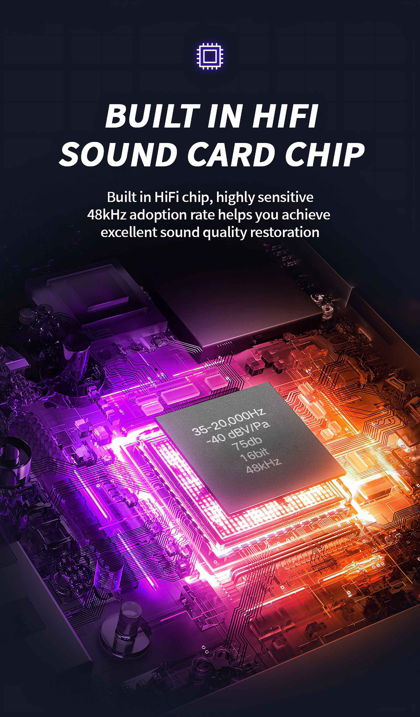 Bild eines HiFi-Soundkarten-Chips. Text lautet 'Built in HiFi sound card chip'. Chip detailliert mit Spezifikationen.