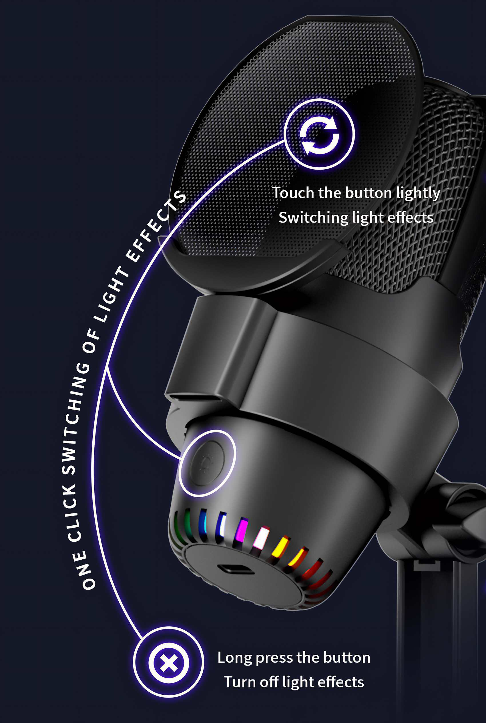 Ein schwarzes Mikrofon mit einer Taste, die Lichteffekte verändert. Anweisungen zeigen, wie man Lichter schaltet oder ausschaltet.