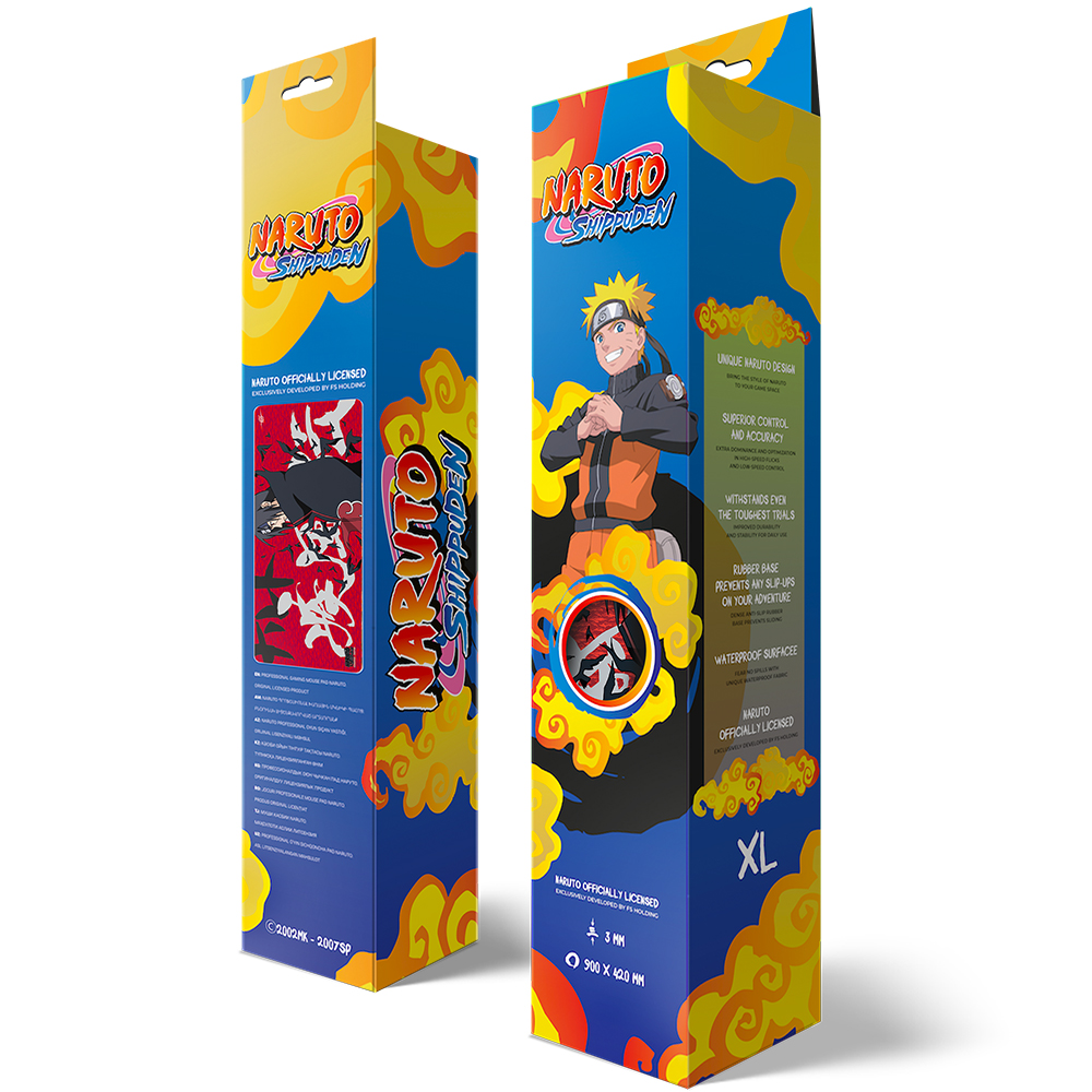 Zwei Naruto Shippuden-Boxen. Eine zeigt Naruto, die andere eine Figur. Beide haben gelbe Wolkenmuster und Text.