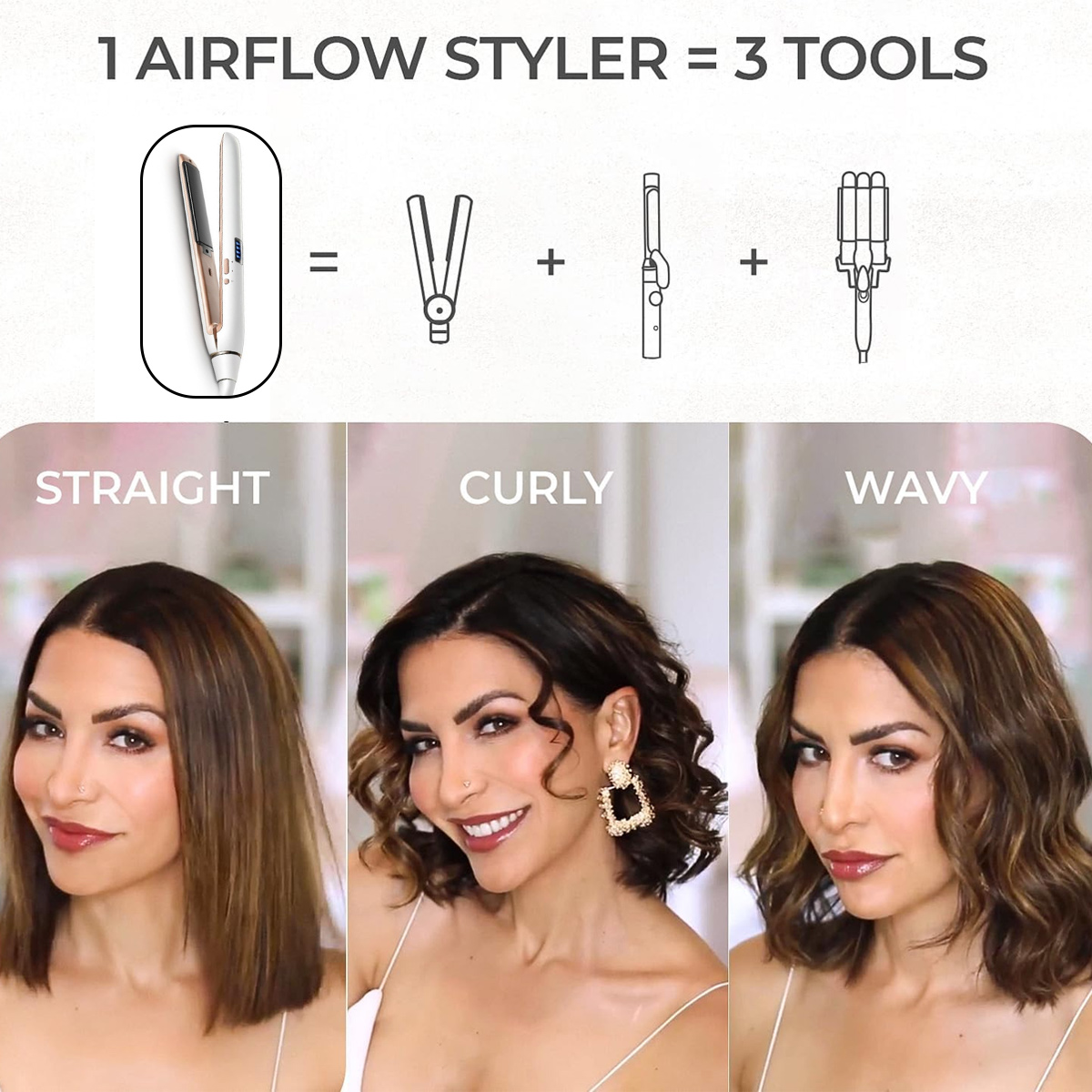 Das Bild zeigt Haarstyling-Werkzeuge und drei Frauen mit glattem, lockigem und welligem Haar, die die Verwendung eines Stylers veranschaulichen.