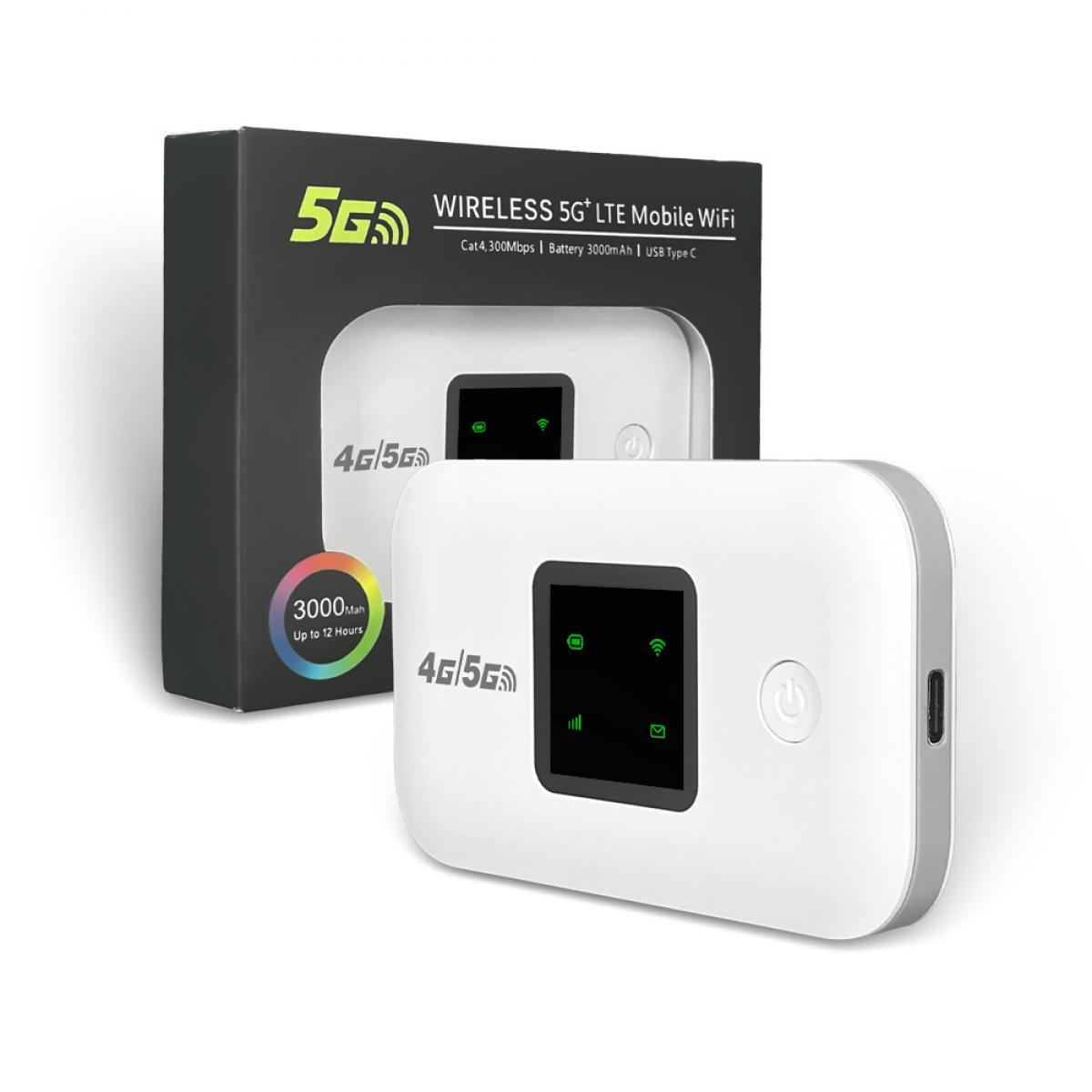 Ein weißes 5G-mobiles WLAN-Gerät mit schwarzem Bildschirm auf weißer Oberfläche. Dahinter eine Box mit ähnlichem Gerät.