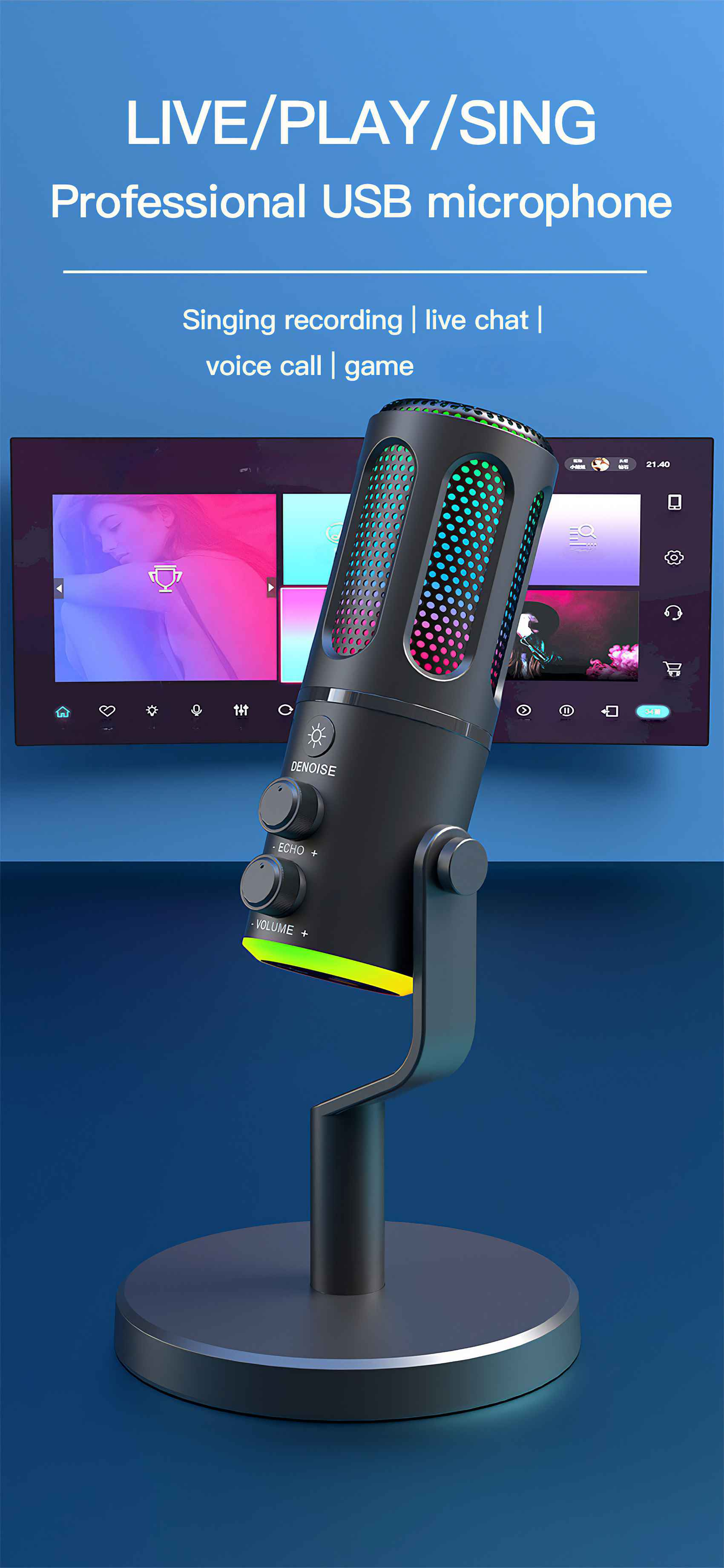 Ein professionelles USB-Mikrofon wird mit einem Bildschirm im Hintergrund angezeigt. Das Mikrofon hat bunte Lichter.