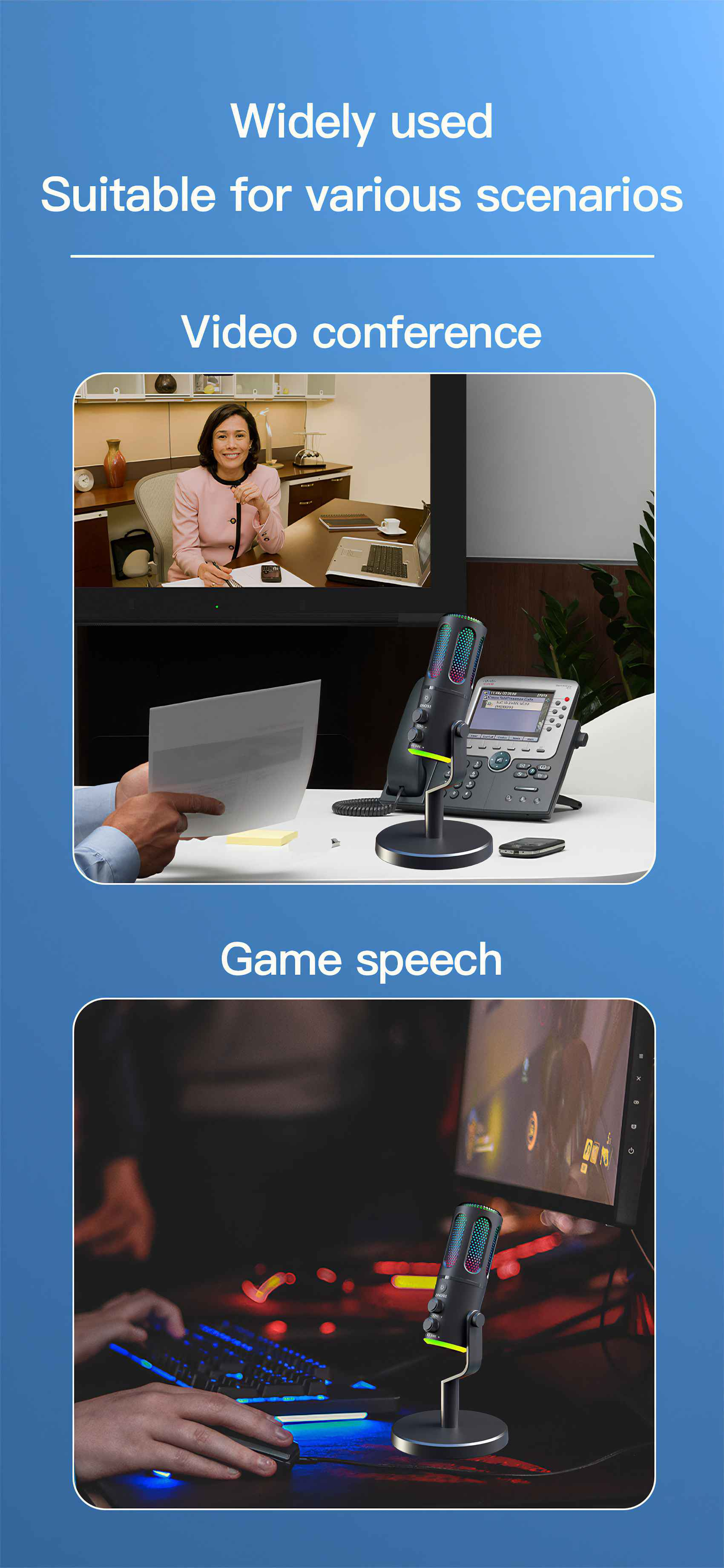 Das Bild zeigt ein Mikrofon, das für Videokonferenzen und Spiele verwendet wird. Es umfasst ein Tischtelefon, eine Person und einen Computerbildschirm.