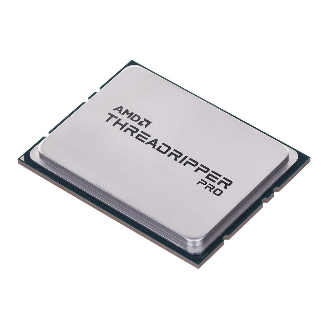 Srebrny procesor AMD Threadripper Pro. Na górnej powierzchni znajdują się logo AMD i Threadripper Pro. Procesor jest na zielonej płycie.