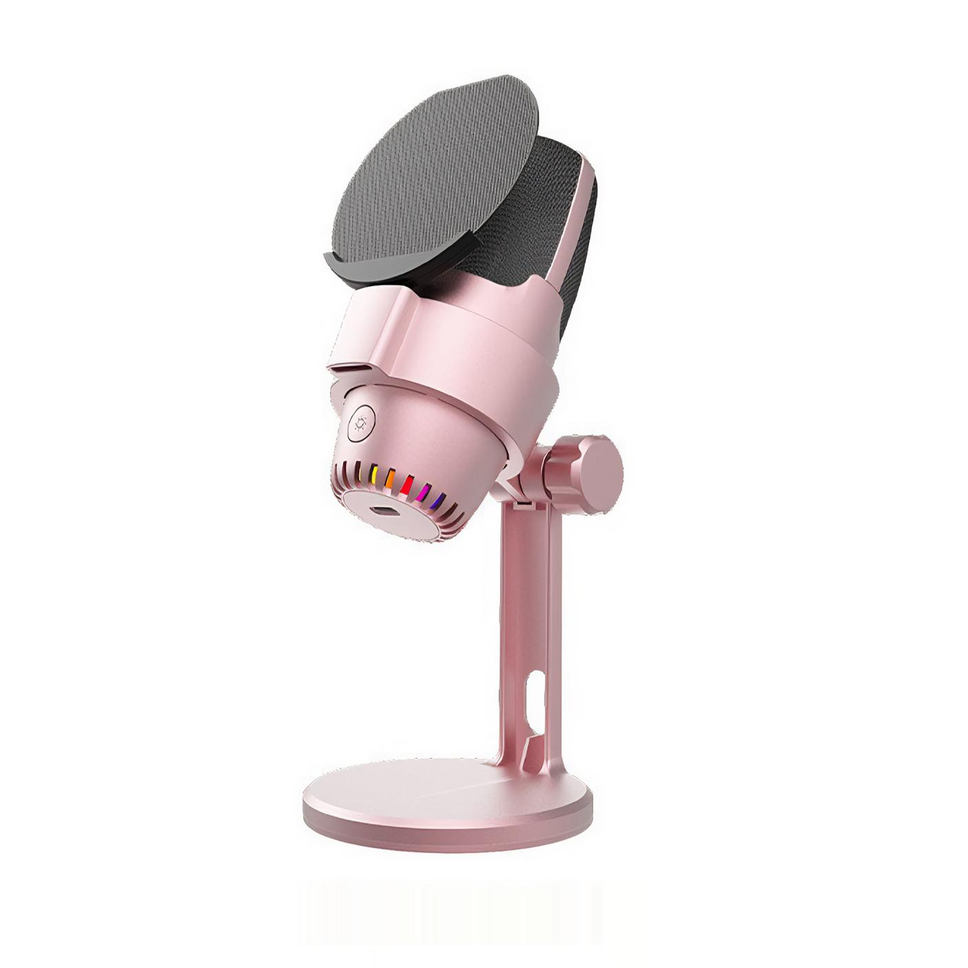 Ein roségoldenes Mikrofon mit Ständer. Das Mikrofon hat eine schwarze Netzabdeckung und einen Pop-Filter. Der Ständer ist rund.