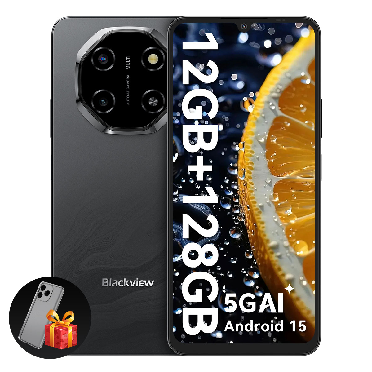 Uno smartphone Blackview mostra una fetta di limone con goccioline d'acqua, 12GB+128GB, 5G AI, Android 15. Un cofanetto regalo e un telefono sono in basso a sinistra.