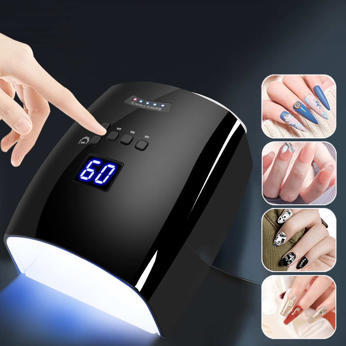 Eine Hand drückt eine Taste an einem schwarzen Nageltrockner. Anzeige zeigt '60'. Nagelkunstbeispiele sind rechts.